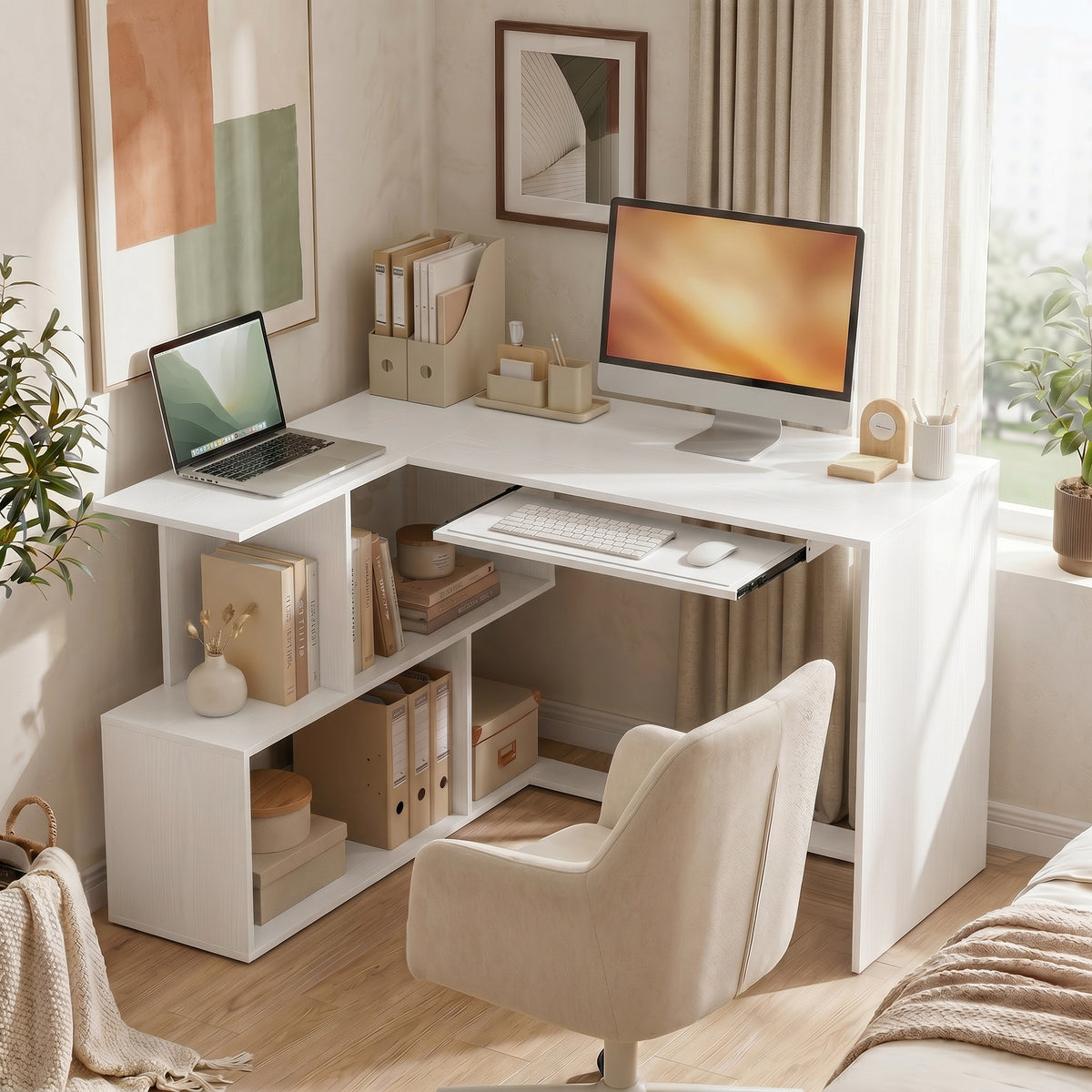 HOMCOM Eckschreibtisch, Computertisch mit Tastaturauszug und offenen Ablagen, weißer Holz-Look – Produktabbildung 2