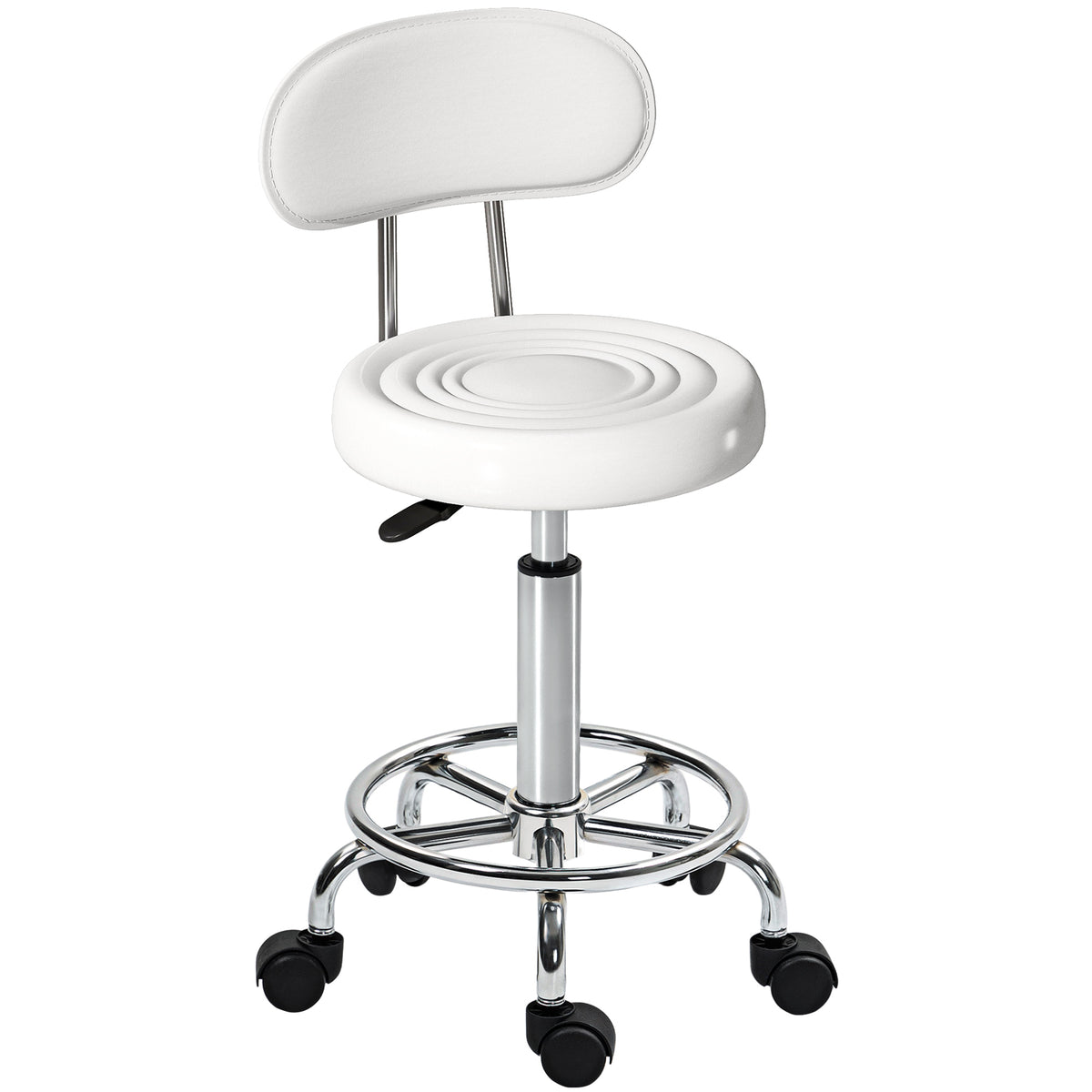 Rolling stool, swiveling and adjustable stool with backrest, faux leather upholstery, footrest, for dressing