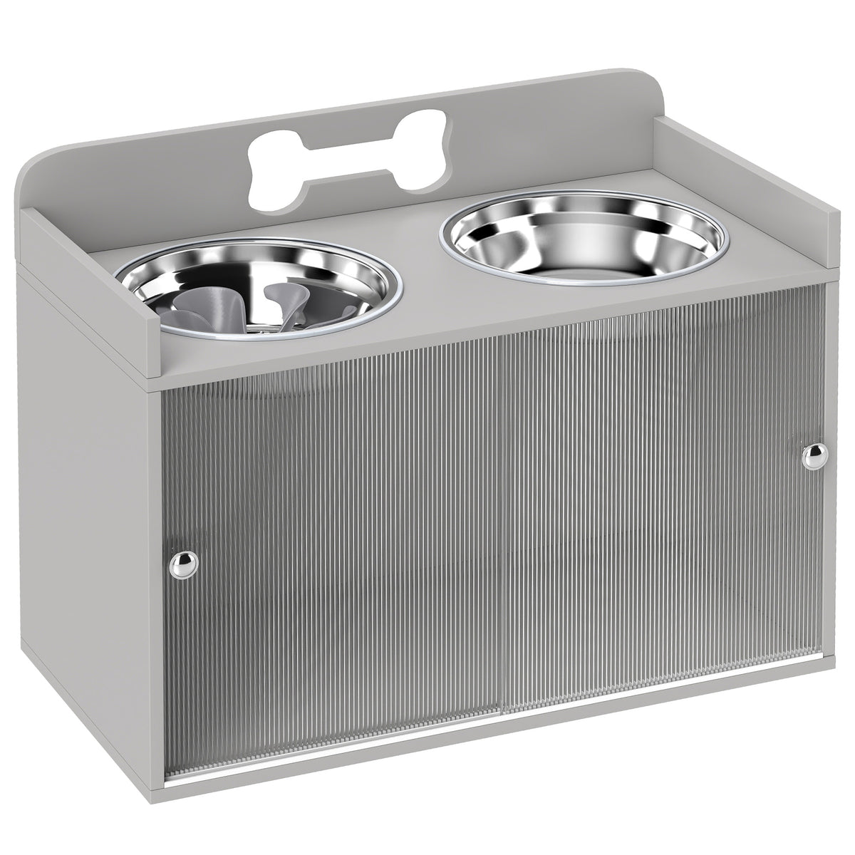 Raised feeding station with 2 bowls and cabinet, MDF, stainless steel, bone pattern, grey