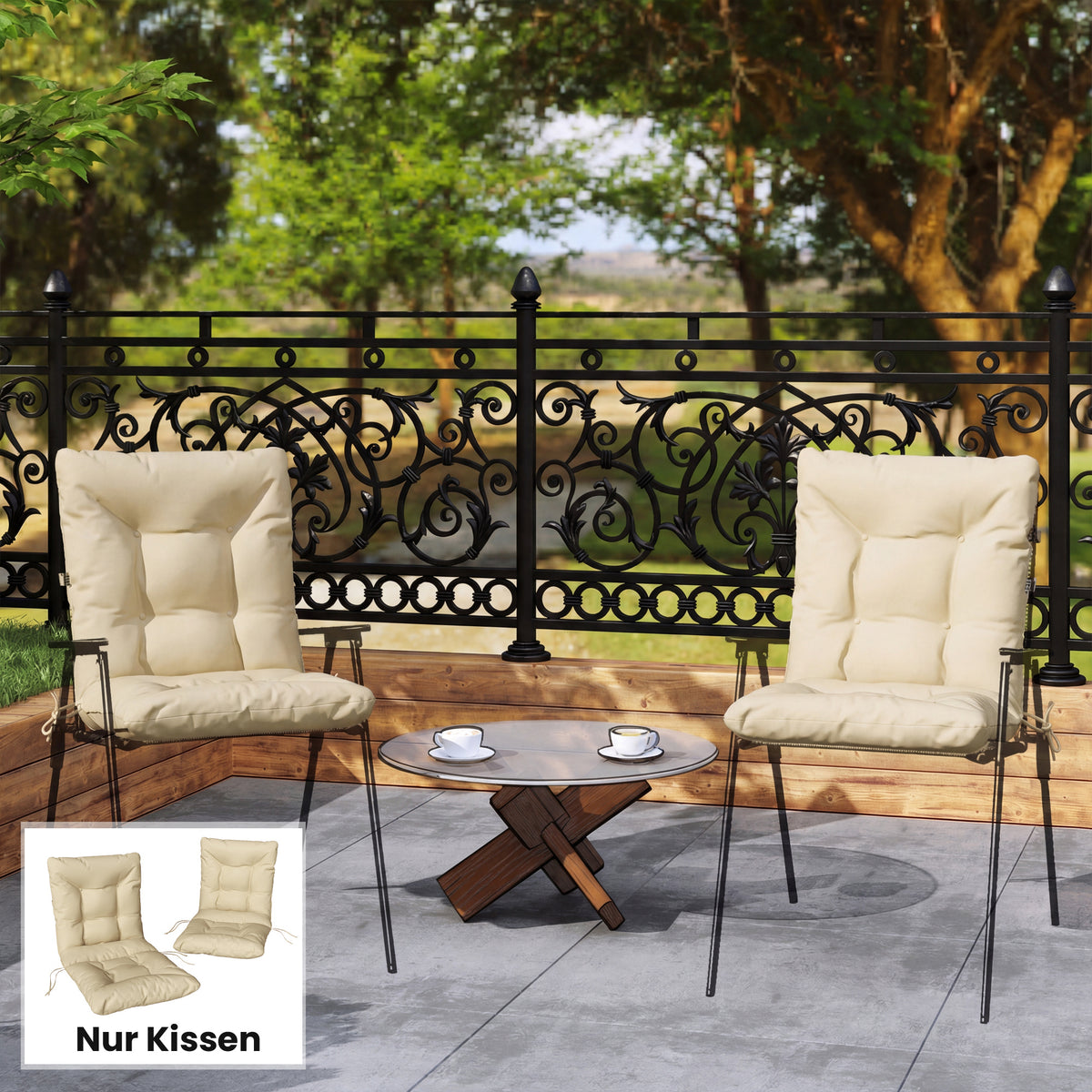 Outdoor seat cushion with backrest and ties, water-repellent padding for indoor and outdoor use, beige (2)