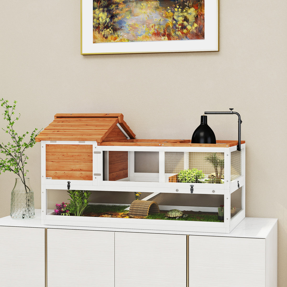 Tortoise house, 2-level enclosure, lamp holder, small animal cage, orange (2)