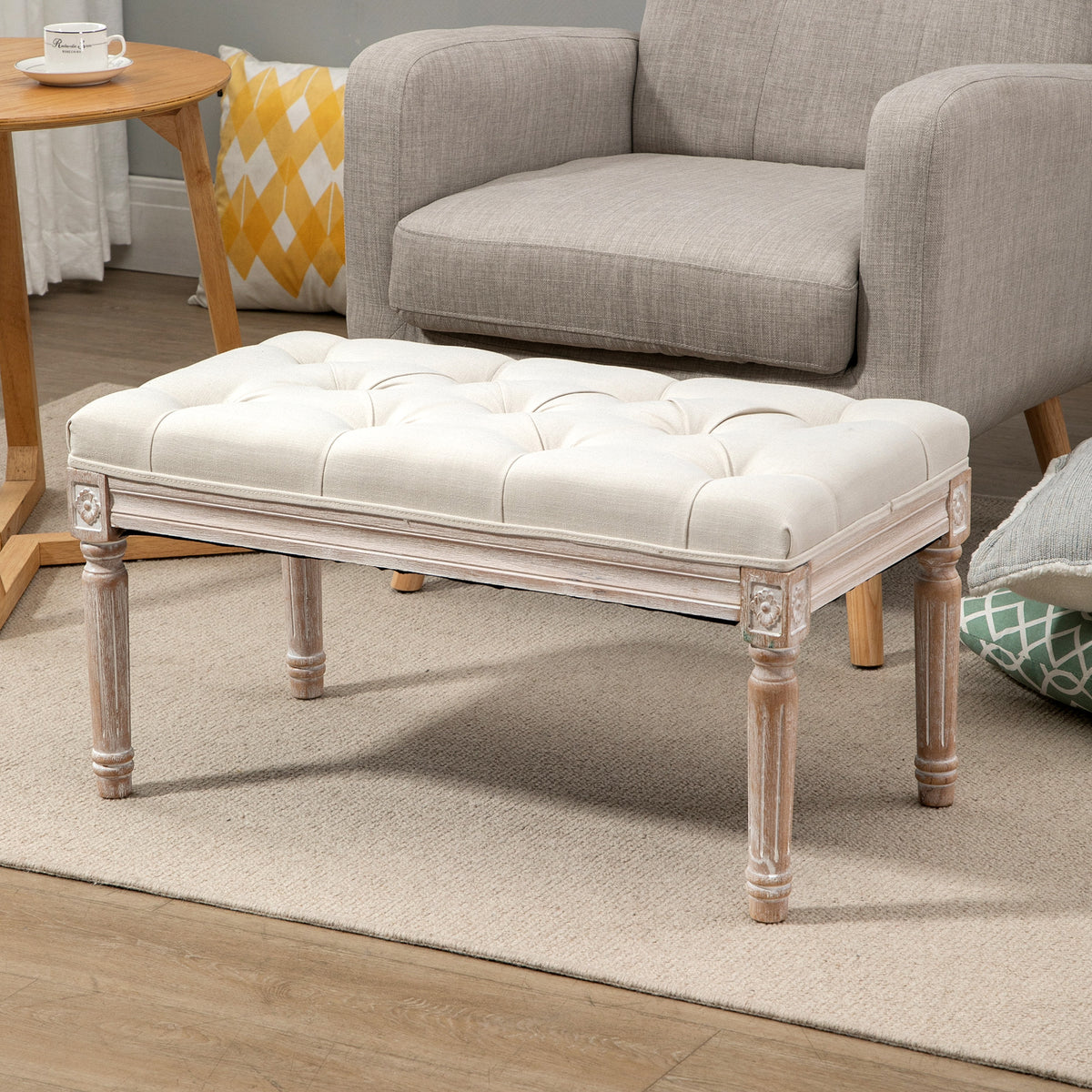 Padded ottoman, upholstered bench, footstool, wood and linen-look fabric cover, 80L x 40W x 43H cm, cream white (2)
