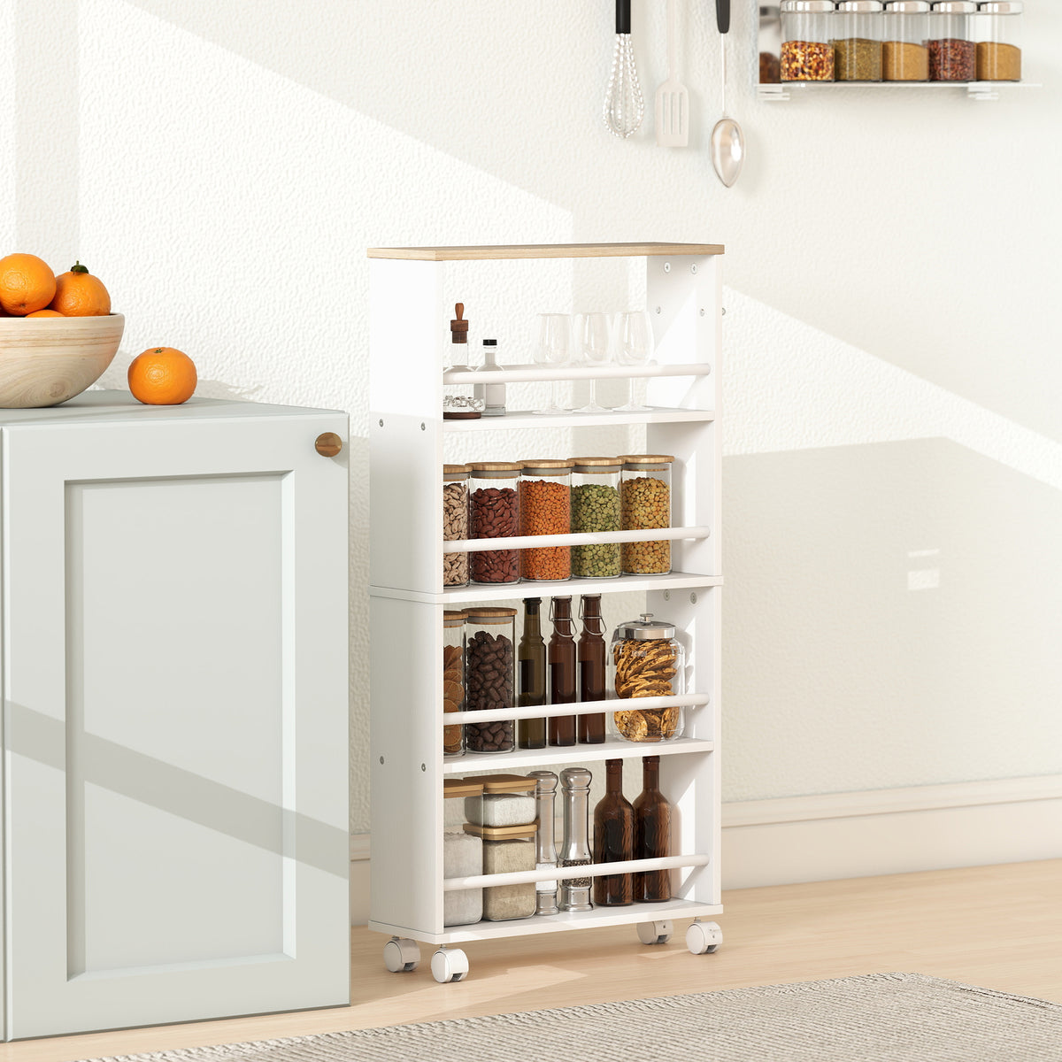 HOMCOM Multifunktionsregal mit Rollen, schmale Bauweise, 4 Fächer, 45x15x91 cm, Natur – Produktabbildung 2
