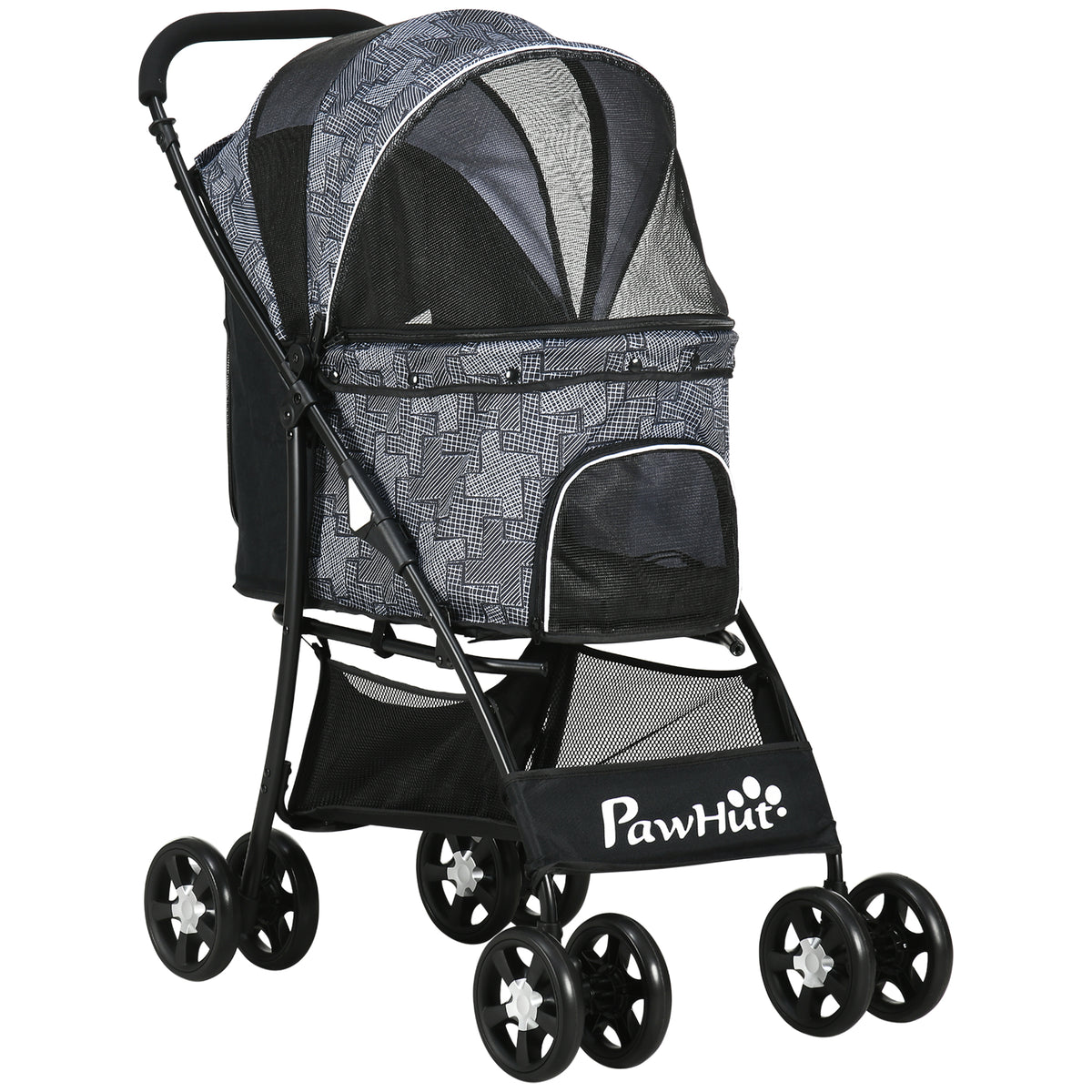 PawHut Hundebuggy Hundewagen bis 10kg klappbar verstellbares Vordach Bodenkorb Kissen Seitentasche 81 cm x 48