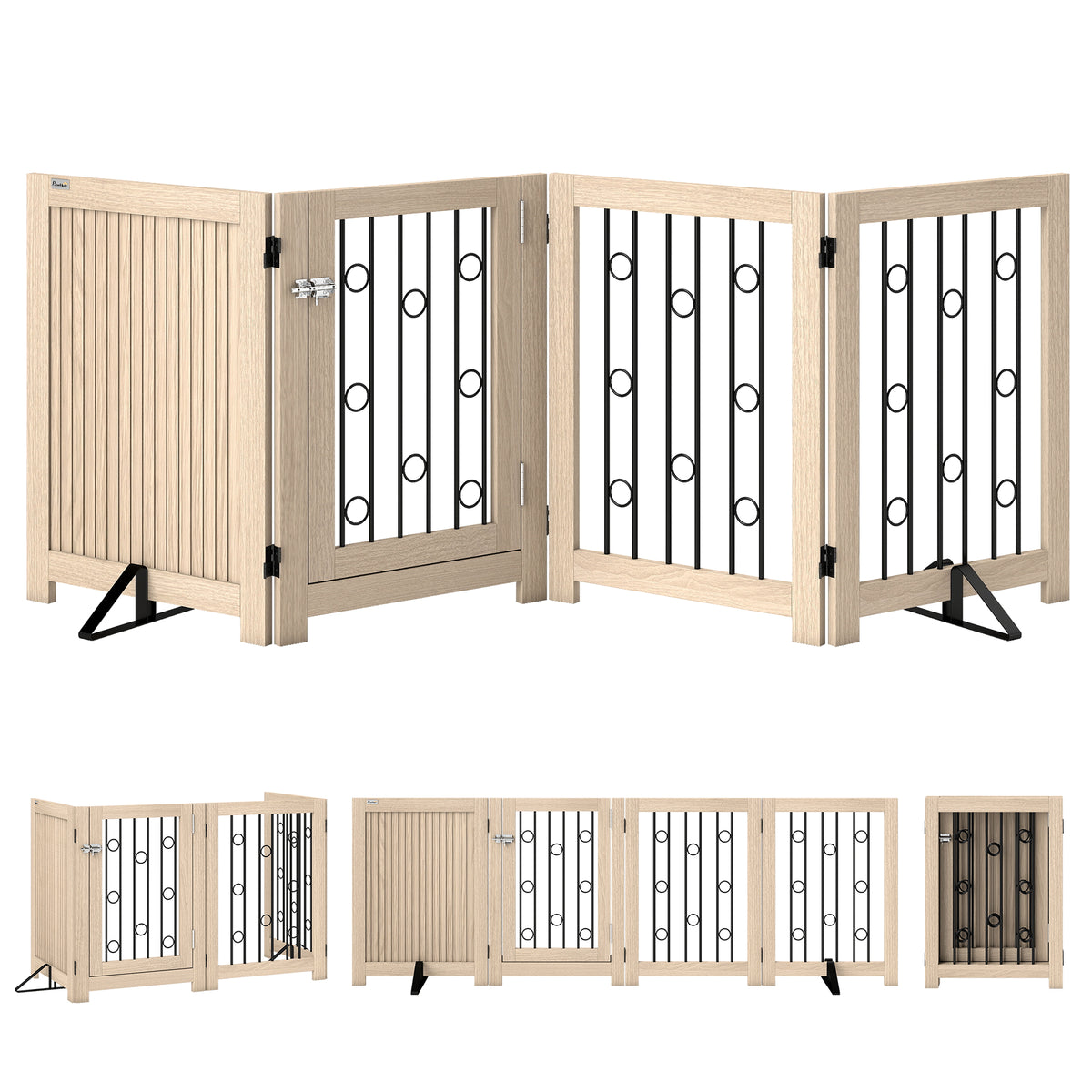 PawHut Freistehendes Haustiertor, Hundegitter mit Tür, 4 Paneele, für Flur, Treppe, Türrahmen, MDF, Stahl