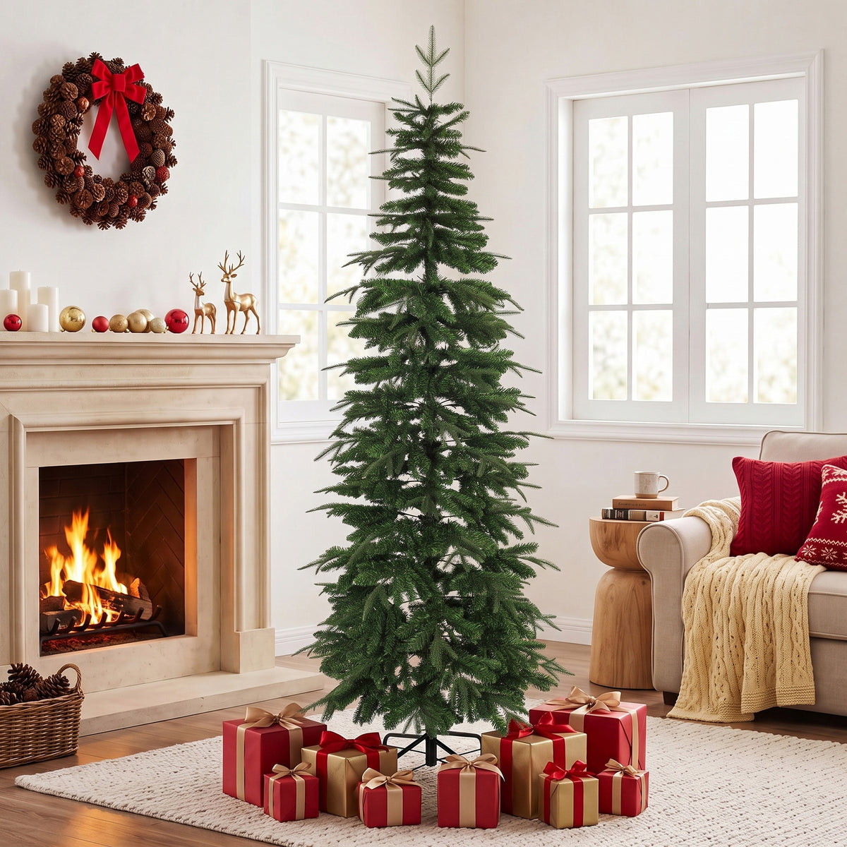 Artificial Christmas tree 210 cm, spruce with hinged branches, 800 branch tips, foldable steel stand, green (2)