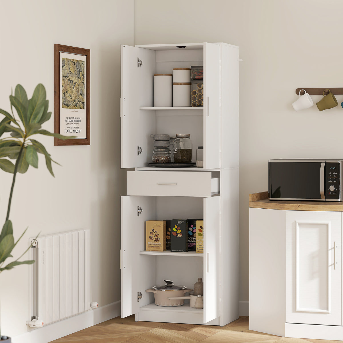 HOMCOM Küchenschrank, 3-stufig verstellbare Regale, Spanplatten, MDF, viel Stauraum, Weiß – Produktabbildung 2