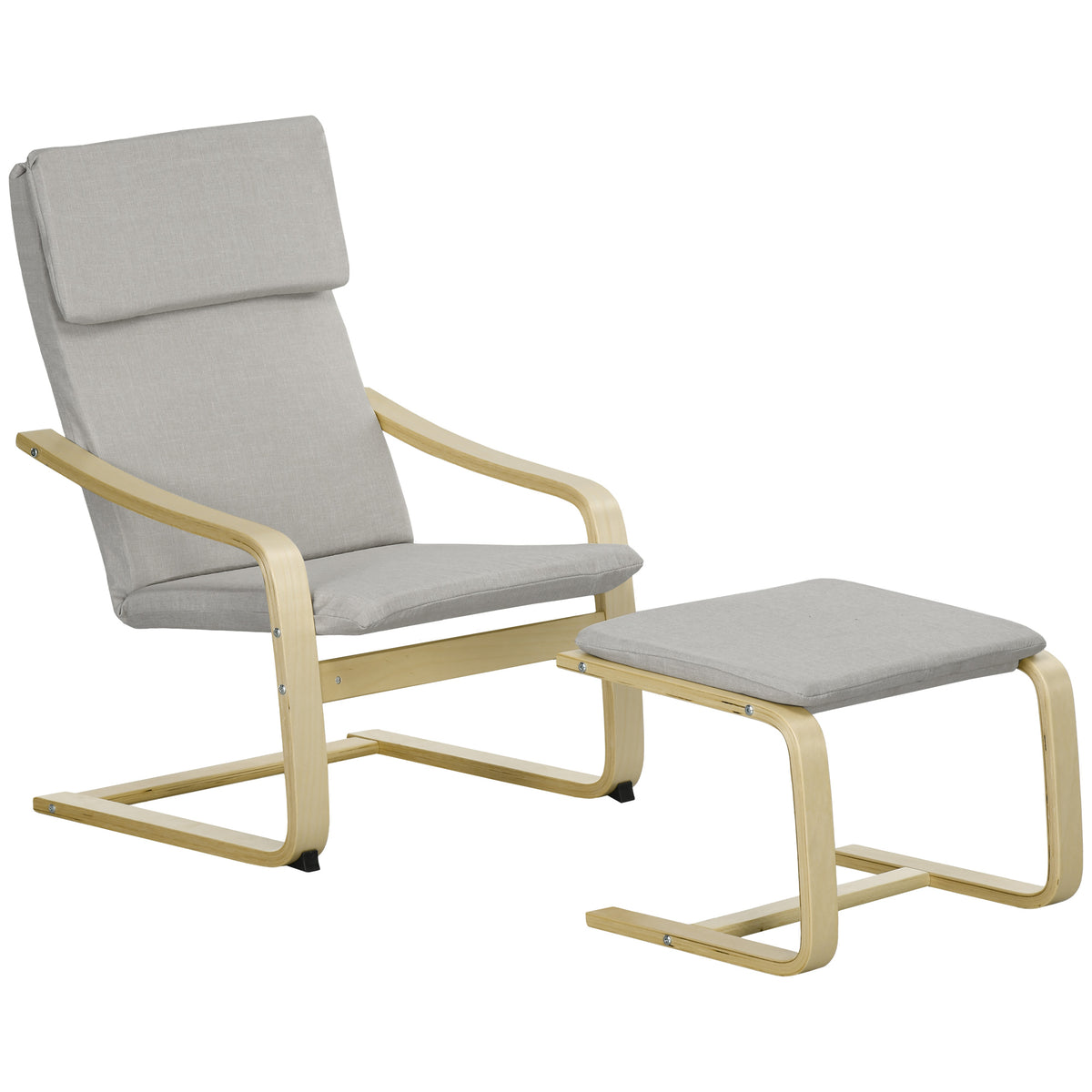 Lounge chair with footstool, linen-look upholstery, wooden frame, up to 120 kg, light grey/natural