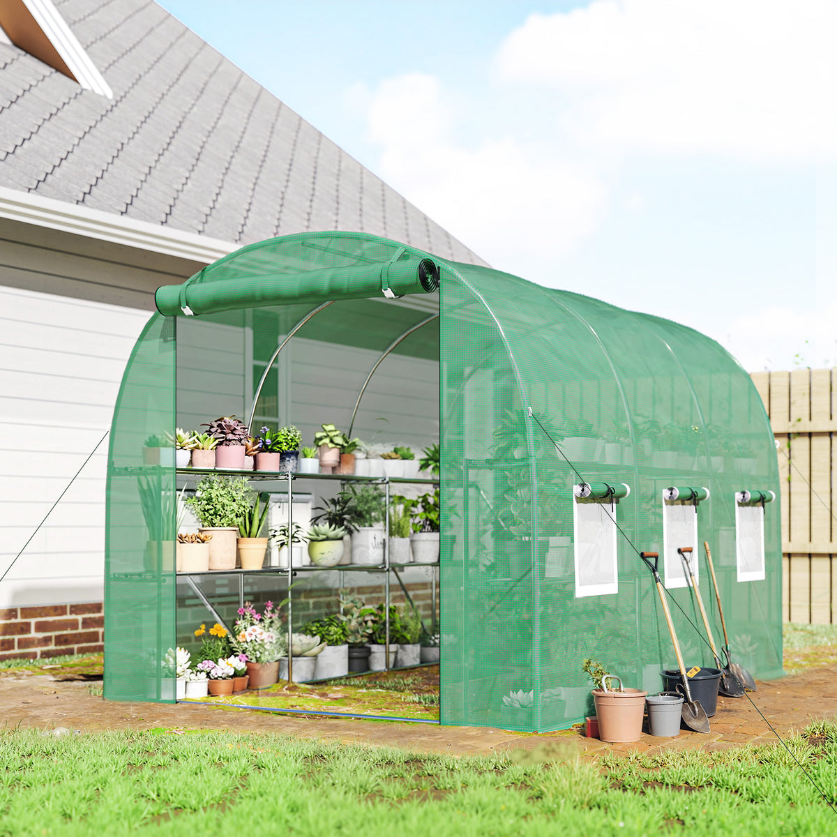 Greenhouse approx. 2.7 x 2 x 2 m walk-in tunnel greenhouse with shelves, rollable, zip door, 6 mesh windows (2)