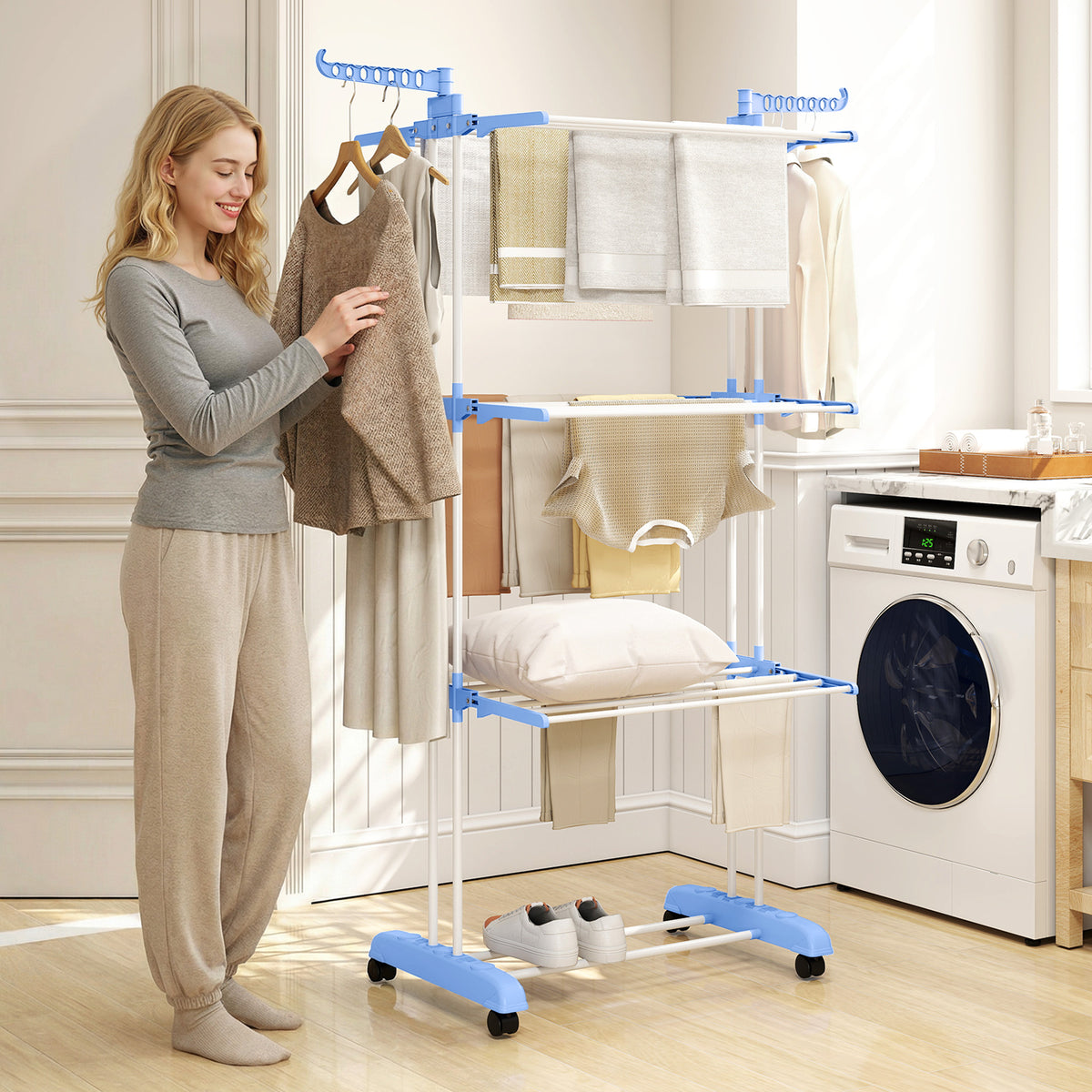 Laundry rack, 4 tiers, foldable, 4 castors with 2 brakes, metal frame, blue+white, 73 x 64 x 177cm (2)