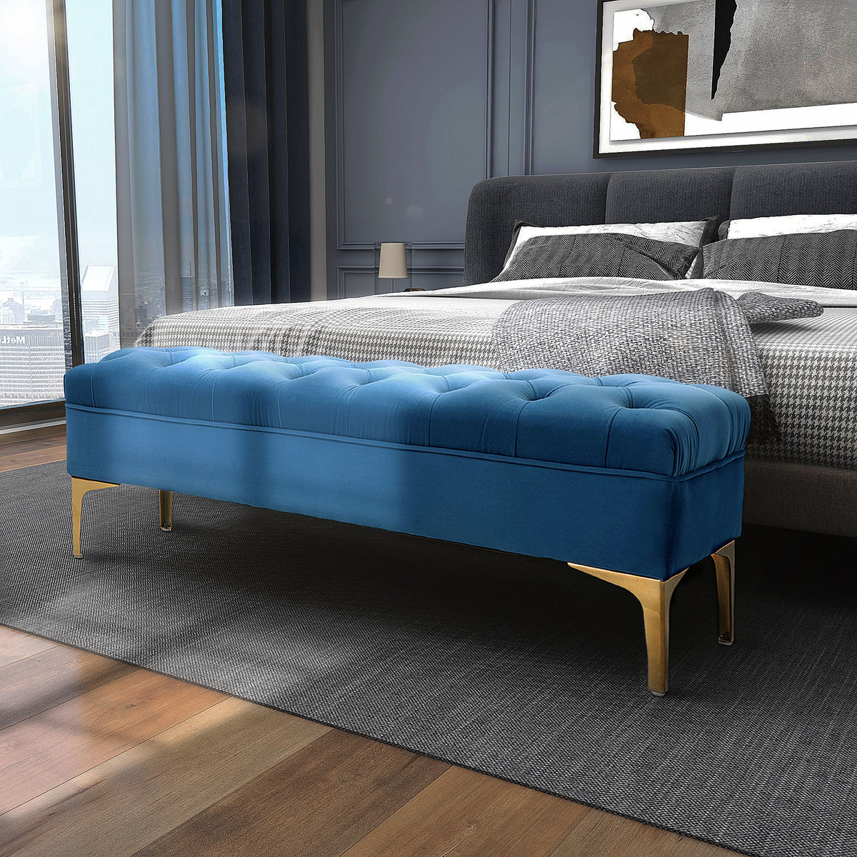 HOMCOM Sitzbank Bettbank Schuhbank mit erhöhten Beine Schlafzimmer Samt Blau – Produktabbildung 2