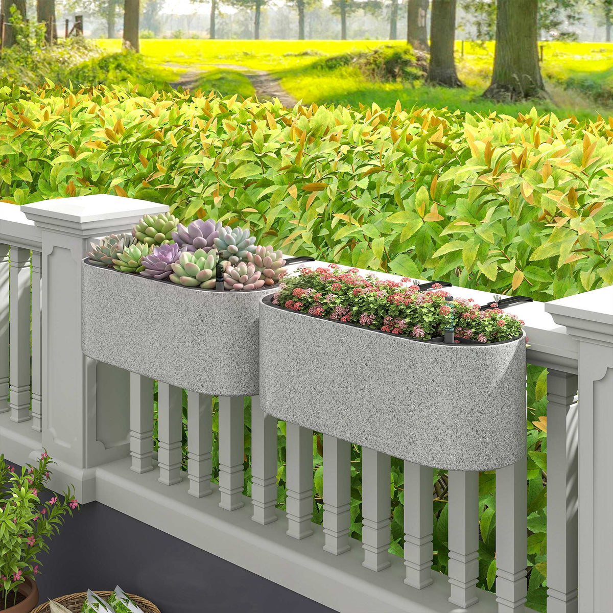 Outsunny 2er Set Blumentopf Hängend Pflanzkübel mit Ablaufsystem Loch Haken 42 x 16 x 15 cm Hellgrau – Produktabbildung 2