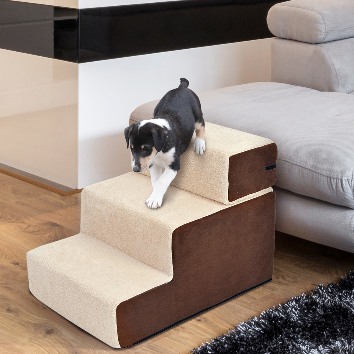 PawHut Haustiertreppe Hundetreppe Katzentreppe 3 Stufen für Katzen und Hunde Plüsch Beige 54 x 40 x 39cm – Produktabbildung 2