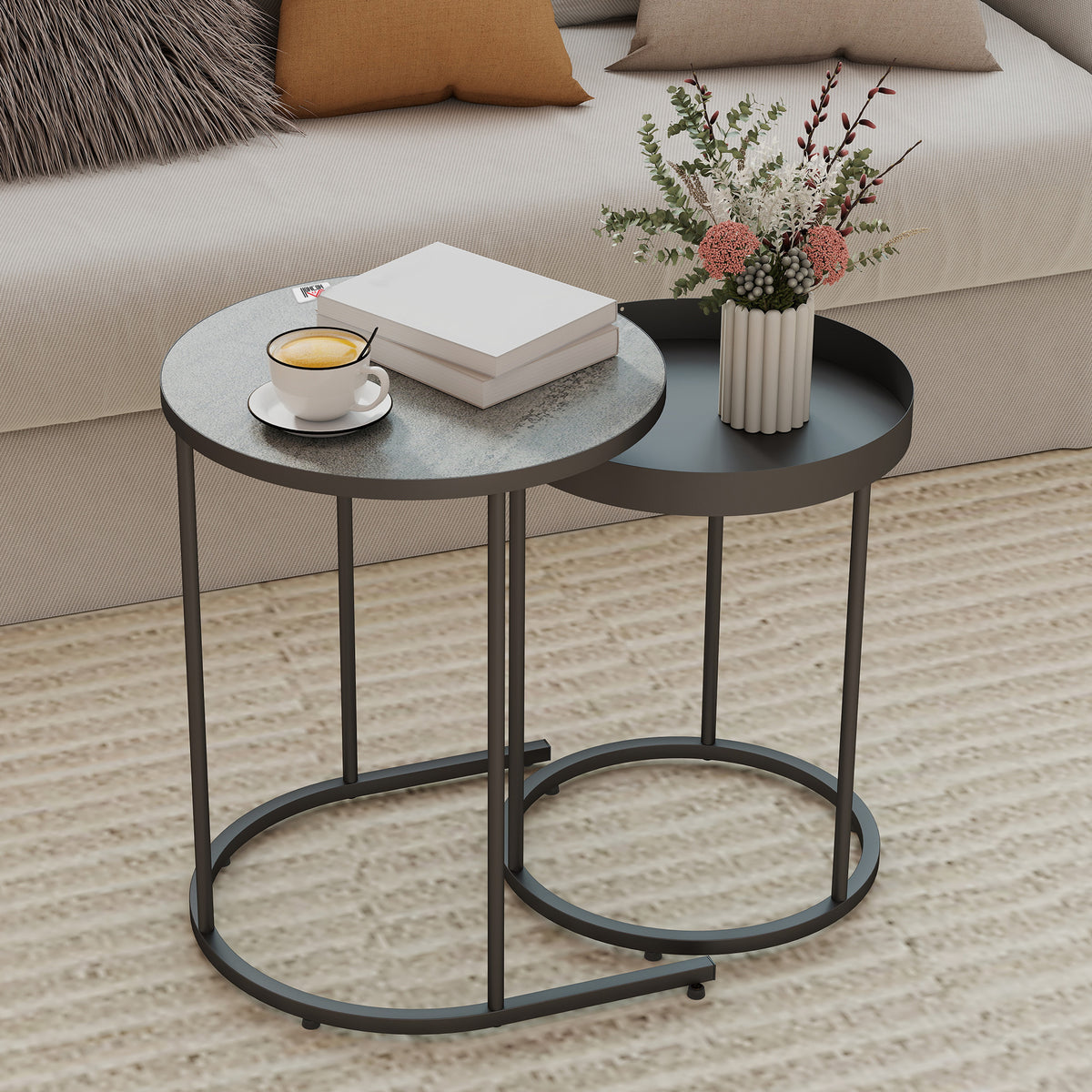 Set of 2 living room tables, nesting, tray design, metal, gray (2)