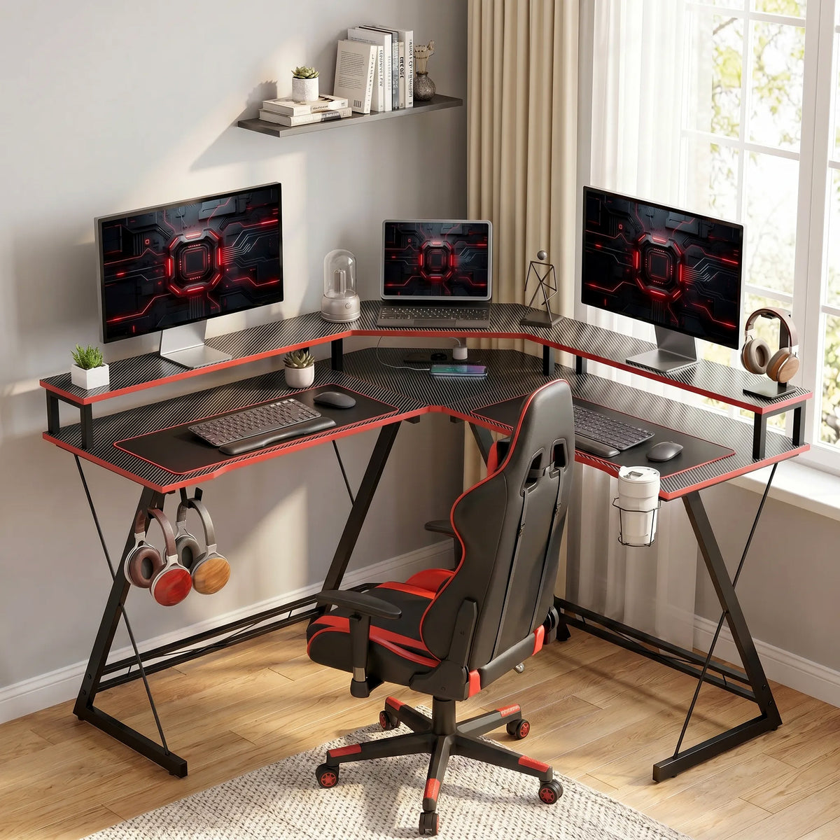 HOMCOM L-förmiger Computertisch mit Steckdosen, 128 cm Eckschreibtisch mit Monitorständer – Produktabbildung 2
