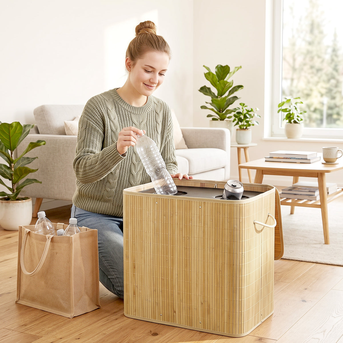 HOMCOM Pfandflaschen Sammelbehälter mit Deckel 150L, Bambus Pfandflaschen Organizer mit Zwei Tasche für – Produktabbildung 2