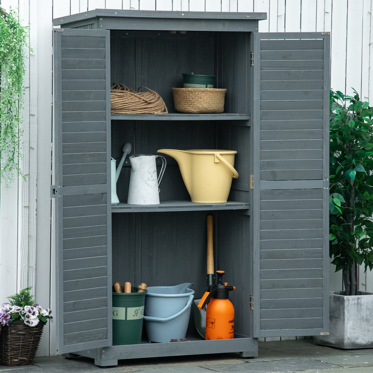 Wooden garden cabinet, asphalt roof, lockable door, elevated design, louvered doors, 87x46.5x160cm, grey (2)