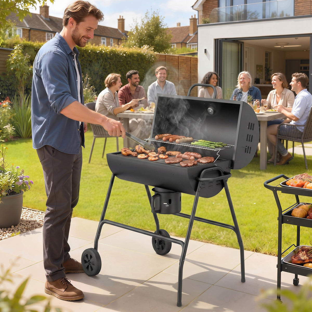 Metal charcoal BBQ smoker grill with lid, thermometer, wheels, grill cart 95x71.5x102 cm black (2)