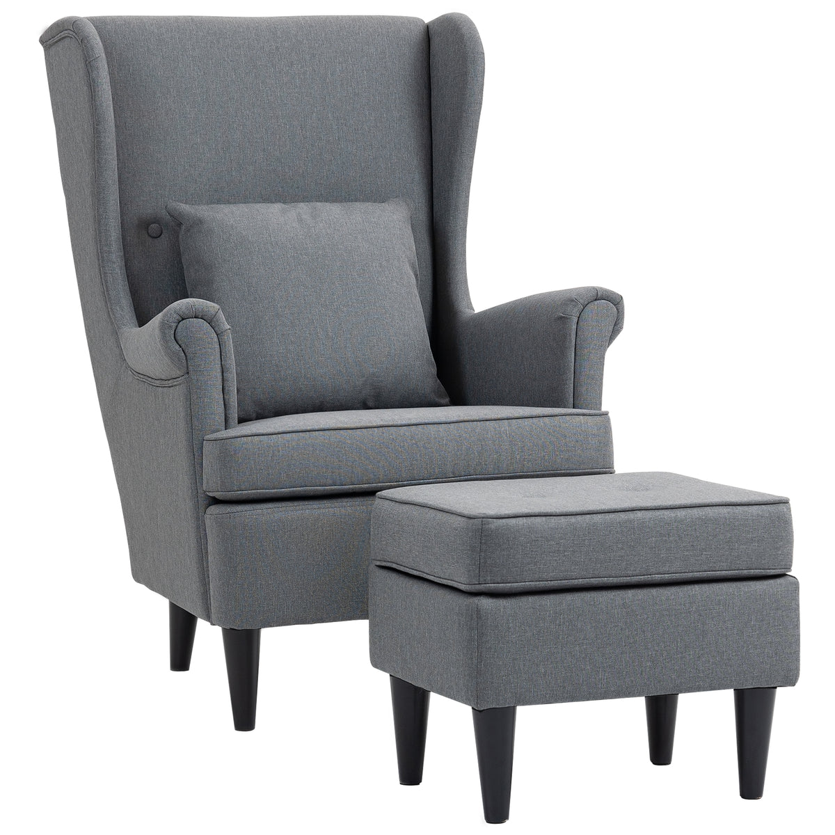 Wingback chair with ottoman, upholstered armchair with rubberwood legs, fabric cover, gray