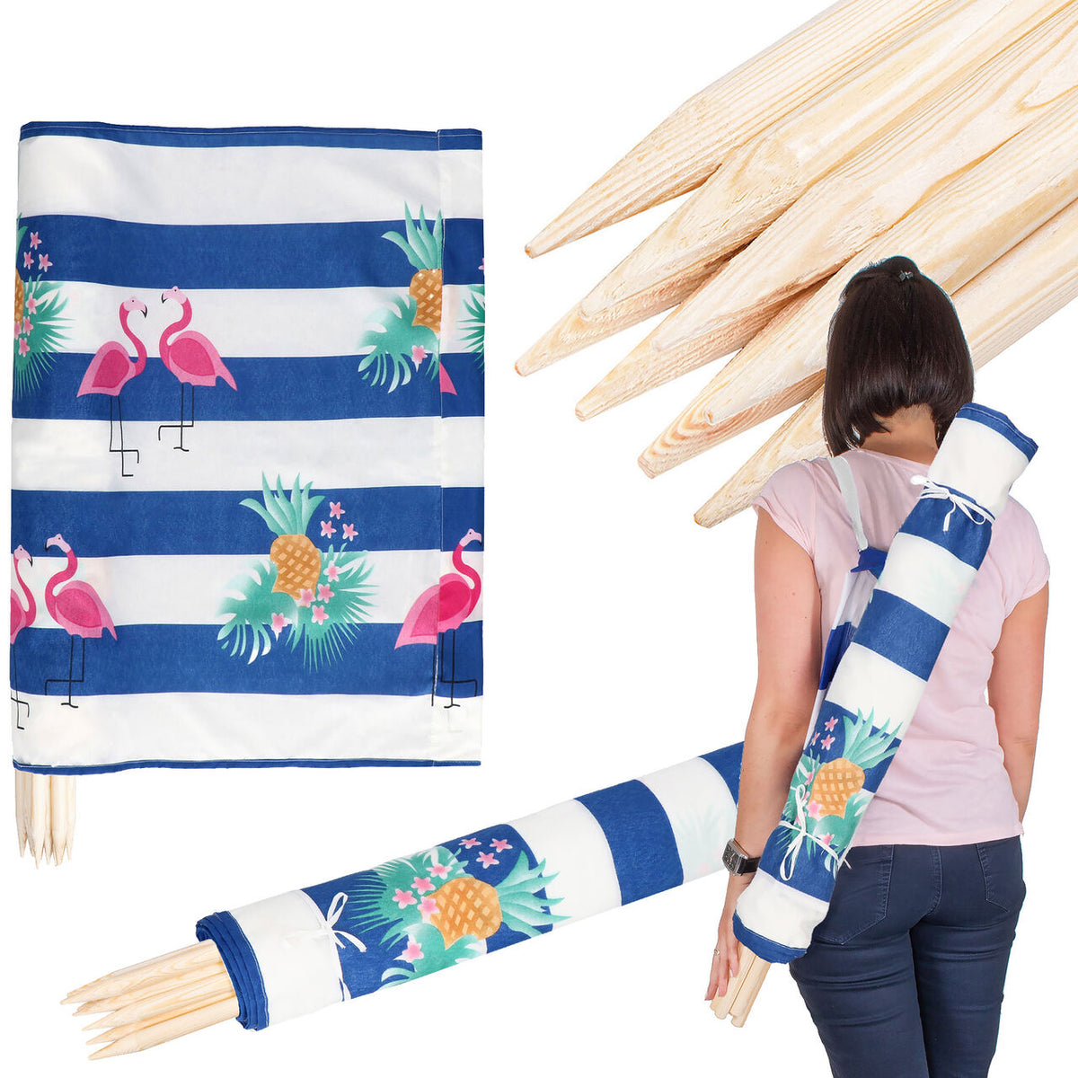 Strandschirm 6 Meter Streifen Flamingos Ananas – Produktabbildung 2