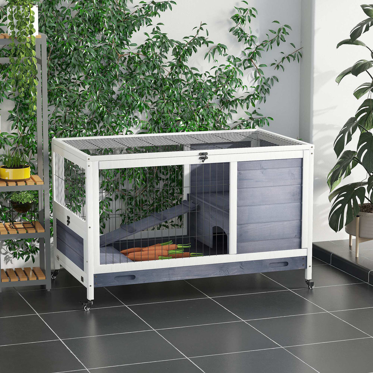 Wooden rabbit hutch rabbit coop with wheels, folding roof, ramp, pull-out tray, winterproof, guinea pig hutch (2)