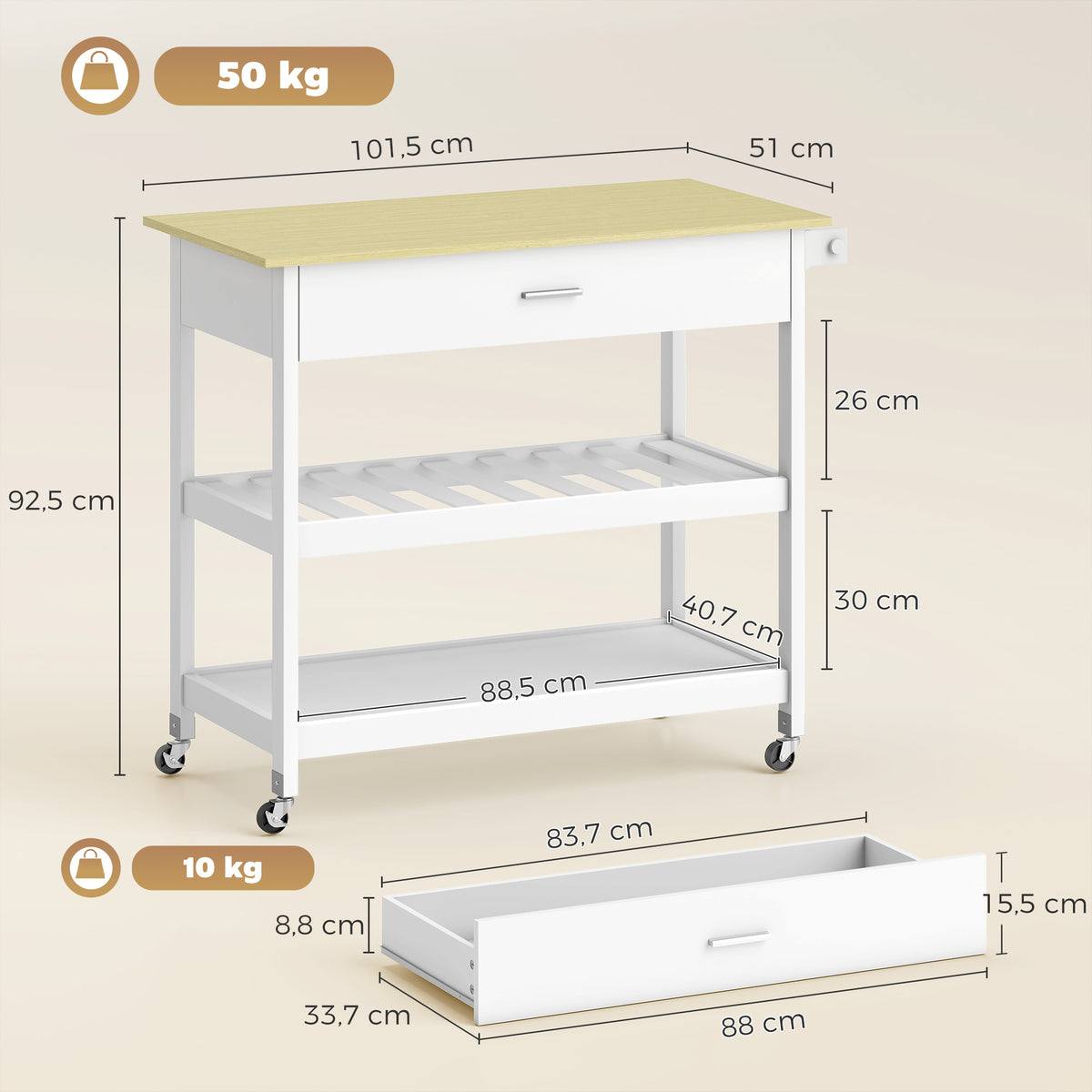 HOMCOM Küchenwagen mit Stauraum, Rollende Kücheninsel mit großer Arbeitsplatte, Schublade, 2 offenen – Produktabbildung 3