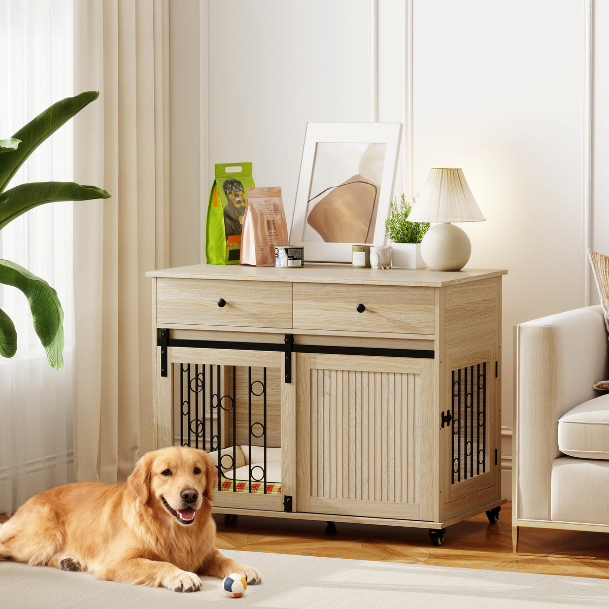 PawHut Hundebox auf Rädern, 2 Türen, 2 Schubladen, für mittlere und große Hunde, Holz, Stahl – Produktabbildung 2