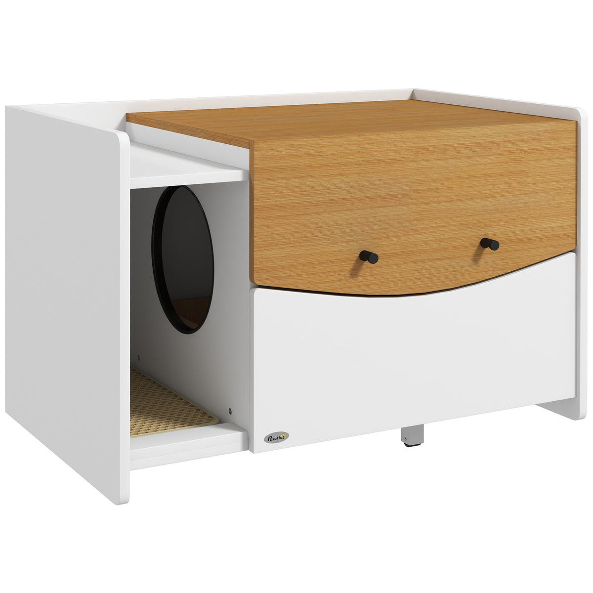 PawHut Katzentoilette, ausziehbar, Schrankdesign, Streufach, 78x50x51cm, Eiche/Weiß