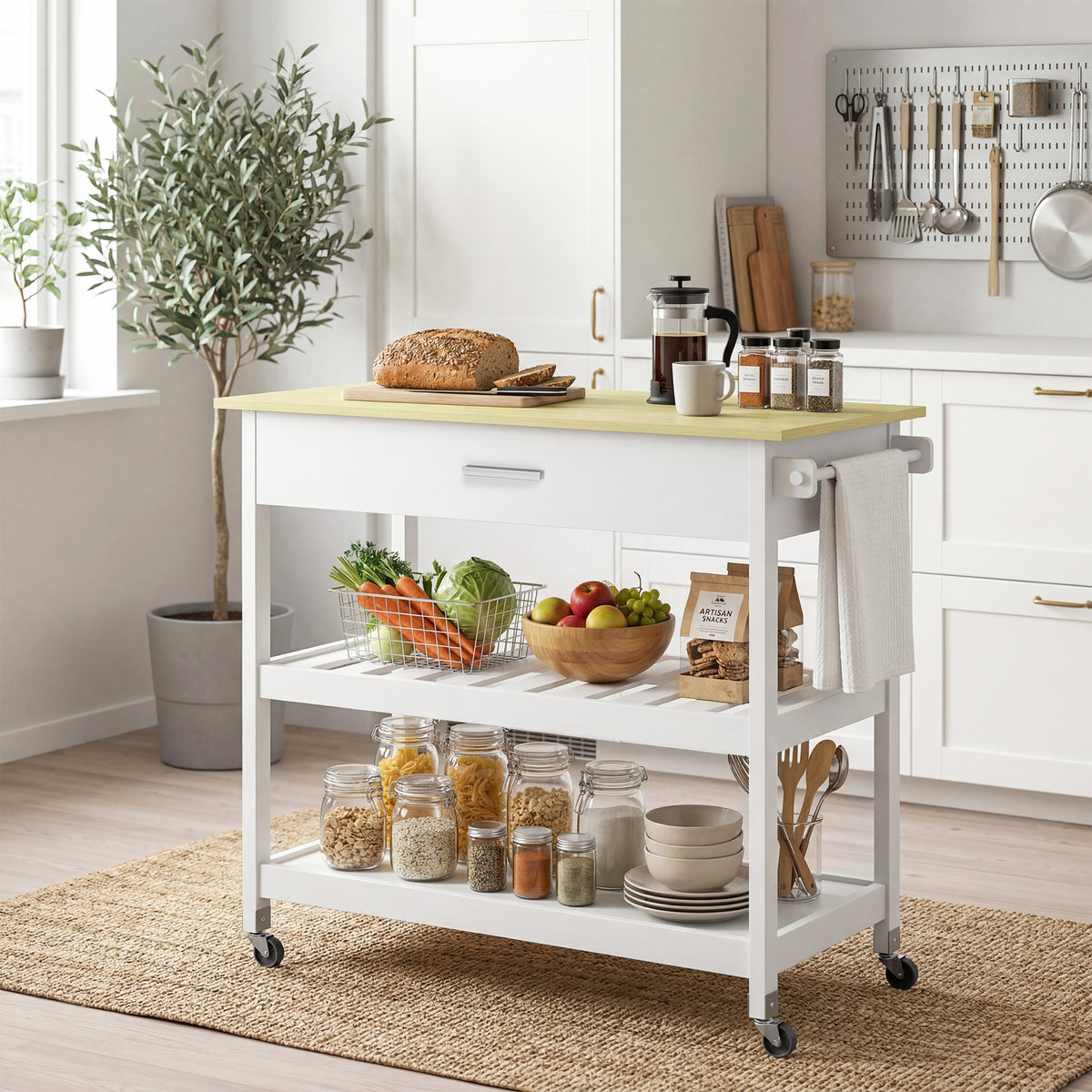 HOMCOM Küchenwagen mit Stauraum, Rollende Kücheninsel mit großer Arbeitsplatte, Schublade, 2 offenen – Produktabbildung 2