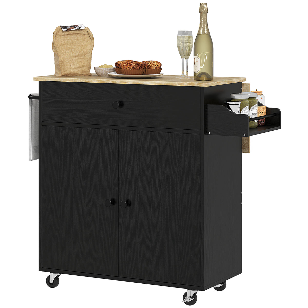 HOMCOM Küchenwagen mit Schublade, Schrankfach, Handtuchstange, 106 x 42 x 87 cm, Schwarz/Eiche – Produktabbildung 10