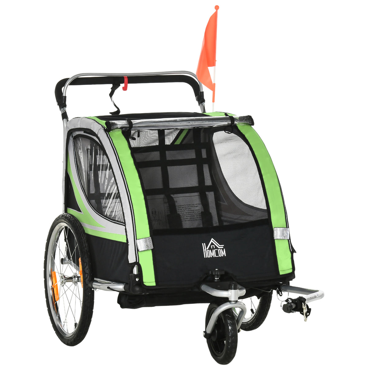 2-in-1 bicycle trailer for 2 children, stroller function, rain cover, brake, green