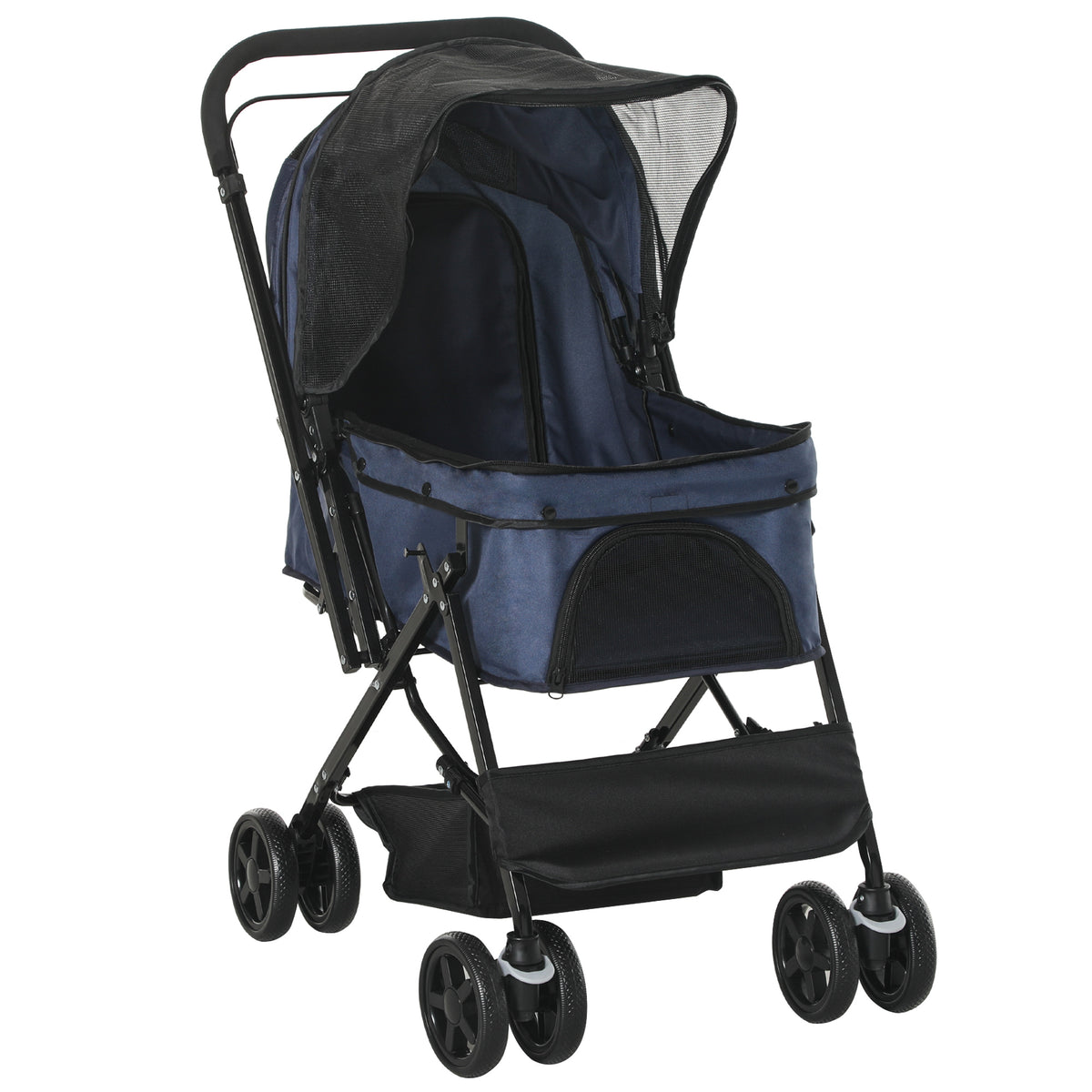 Dog stroller pet buggy up to 10kg adjustable canopy foldable storage basket 2 brakes safety leash blue