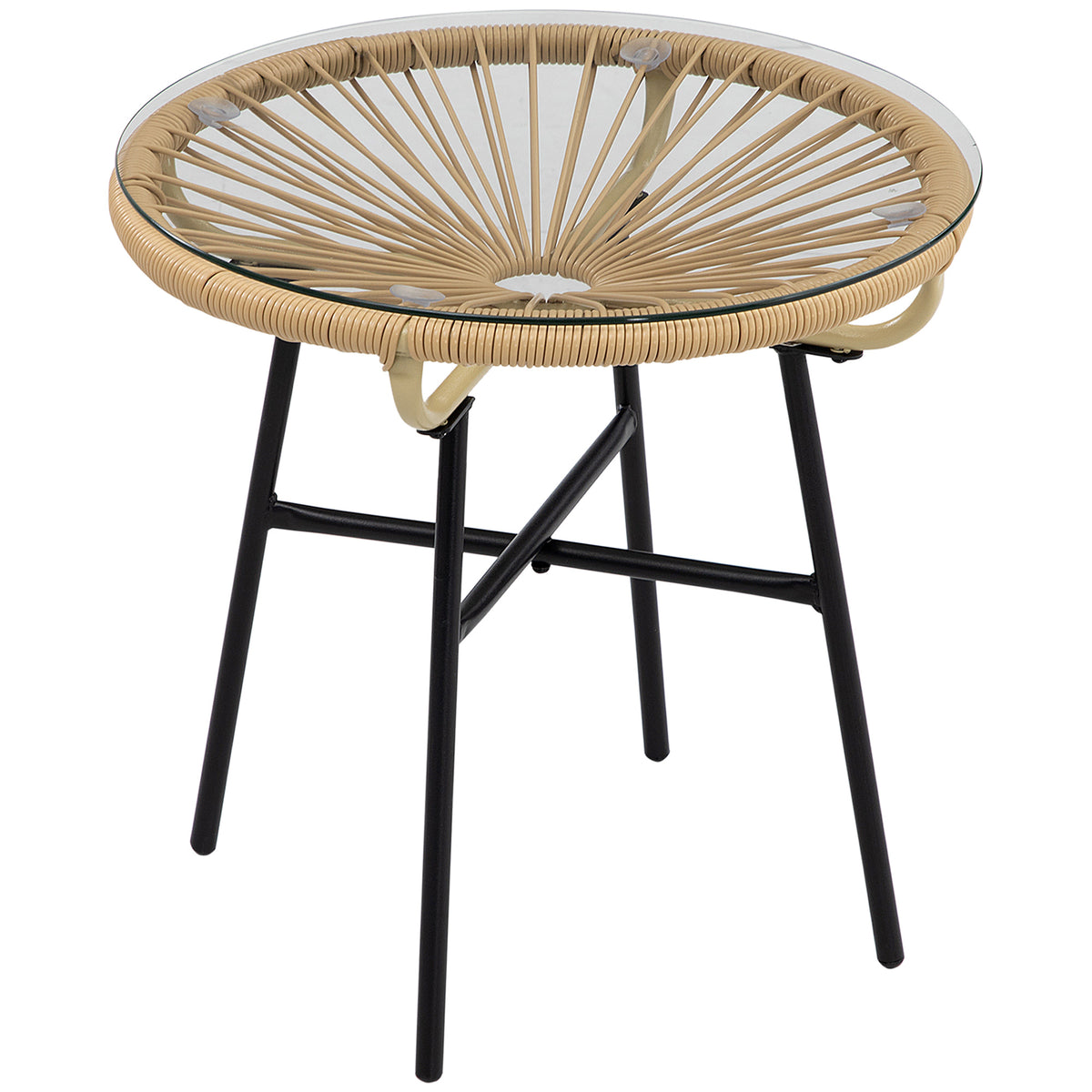 Boho-style garden table, PE rattan, tempered glass, weather-resistant, 50 cm x 50 cm x 50 cm, beige