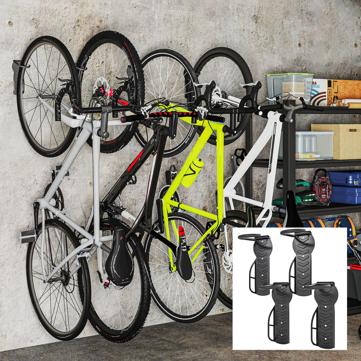 4er Set Fahrrad Wandhalterung Vertikal mit 30 kg Tragkraft klappbar für 4 Fahrräder Schwarz – Produktabbildung 2