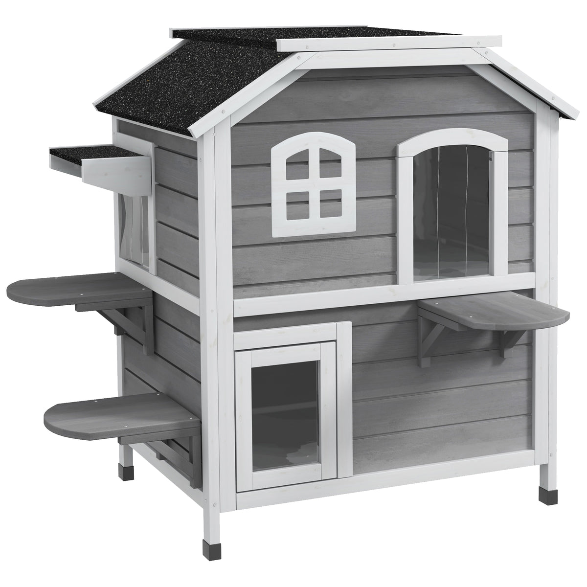 Wooden Cat House 2-Story Winterproof Waterproof Cat Hut with Asphalt Roof Foldable Lid Stairs Cat Cave Outdoor