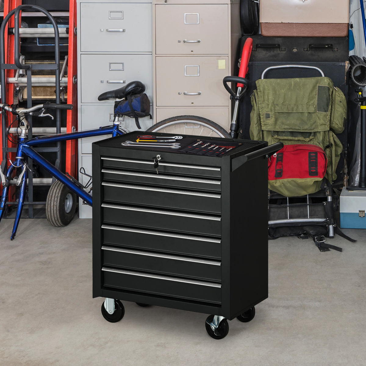 Werkzeugwagen, 2 kleine & 5 große Schubladen, Stahl, bis 150 kg, 69 x 33 x 75 cm, Rot – Produktabbildung 2