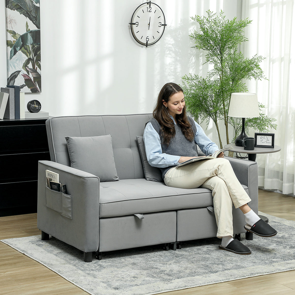 4-in-1 Sofa, Adjustable Couch, Sofa Bed, with Cushions, Fabric Upholstery, for Living Room, Bedroom, Gray (2)