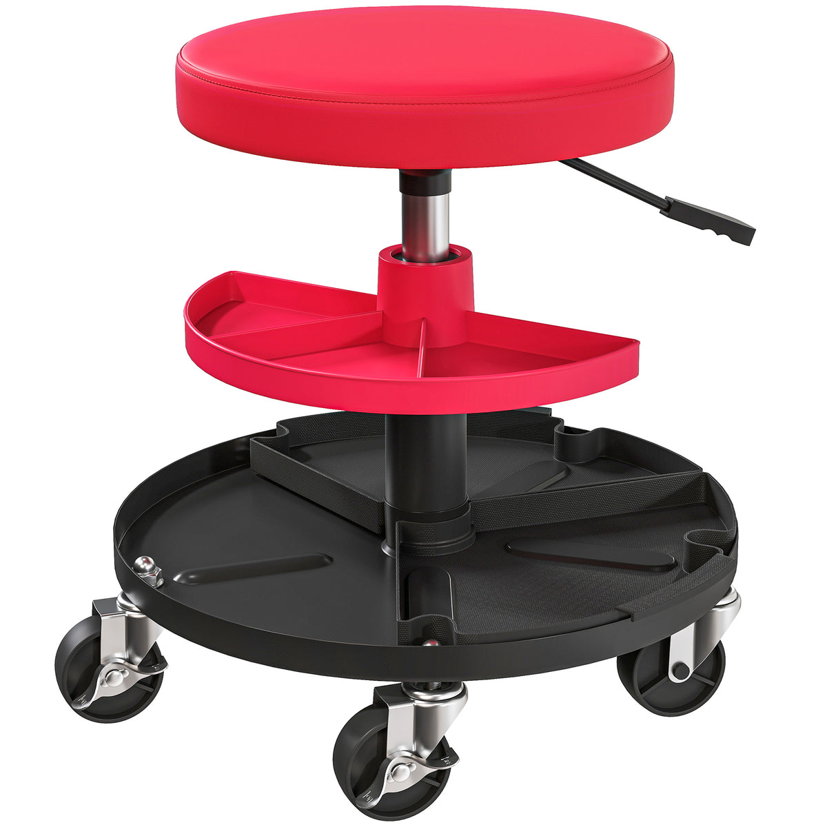 Workshop stool with wheels, trays, height-adjustable 40-51 cm, rolling stool, load capacity up to 135 kg, red