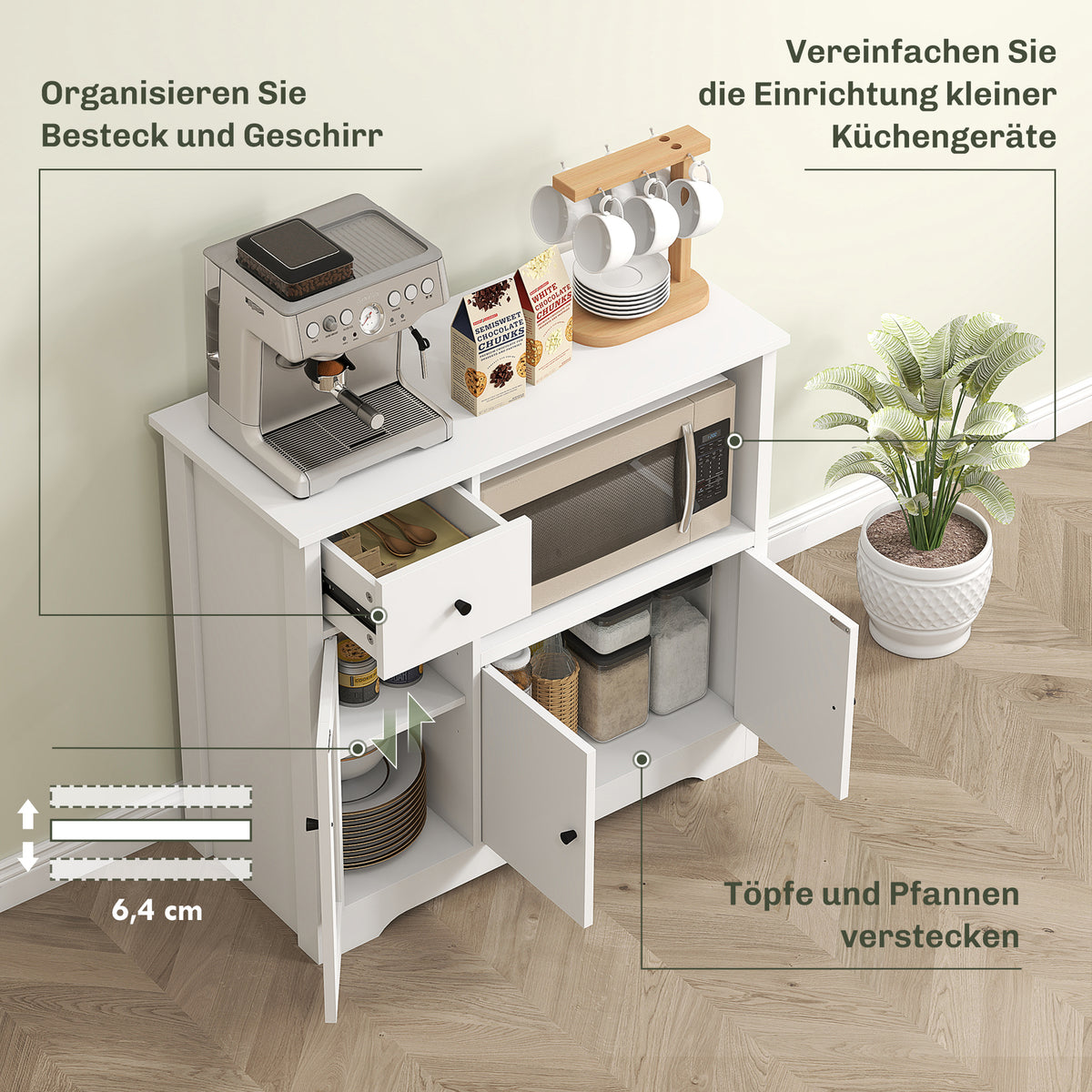 HOMCOM Küchenschrank mit Kabelloch, Kommode mit 2 Schränken, offenes Fach, Schublade, 80 x 35 x 72,2 cm – Produktabbildung 4