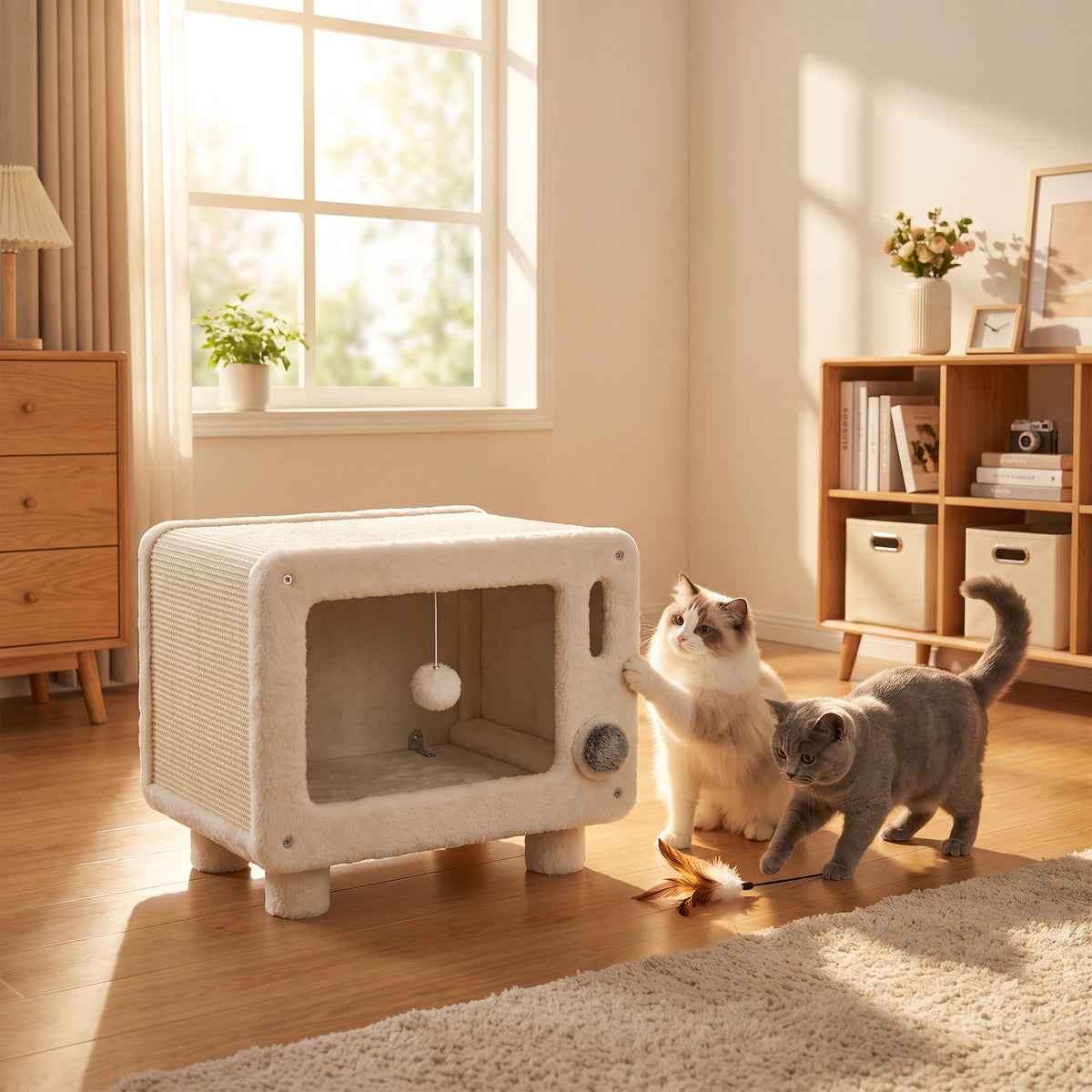 PawHut Katzenhaus im TV-Design, Katzenhöhle mit Hängematte und Spielball, Sisal-Kratzmatte, für Katzen – Produktabbildung 9