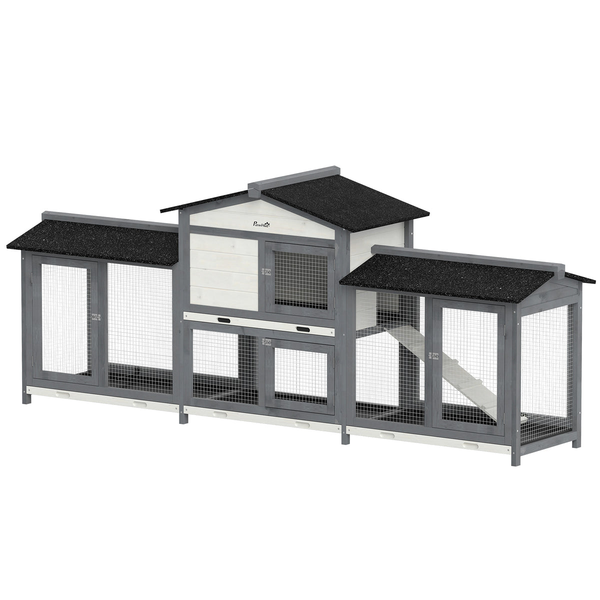 Rabbit Hutch 2-Tier Wooden Rabbit Cage 230 x 53 x 93.5 cm Winterproof with Asphalt Roof Pull-out Tray Run