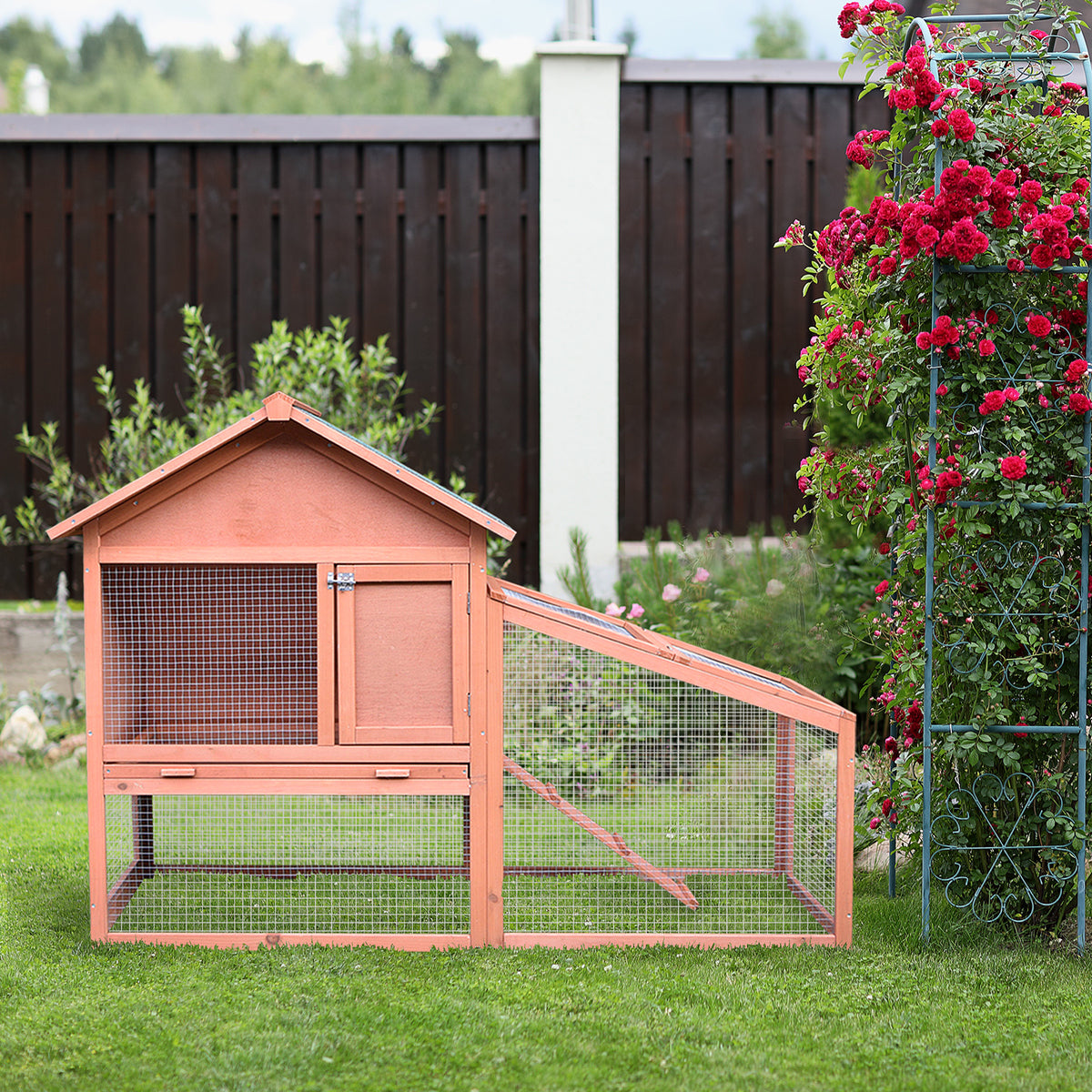 PawHut Kaninchenstall aus Holz auf Zwei Etagen mit Rampe 144x64,5x100 cm Hasenstall mit wasserabweisend – Produktabbildung 2