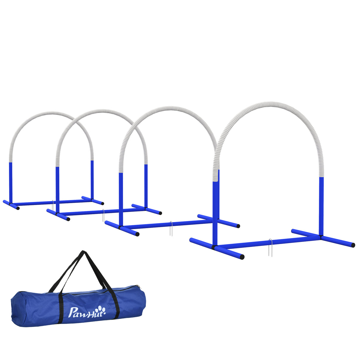 PawHut Agility-Set für Hunde, Hundetraining, 4 Bögen, für Einsteiger, mit Tragetasche, blau+weiß, 88 x 64 x