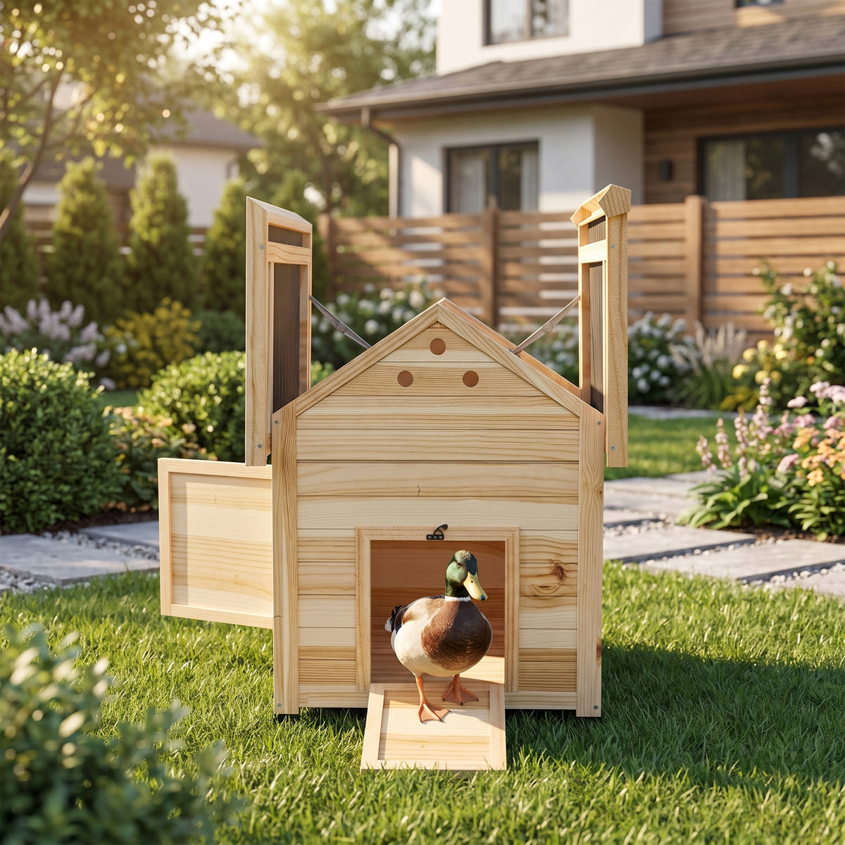 PawHut Entenhaus Entenstall Kleintierstall, wetterbeständig, 2 Eingänge, 2 Rampen, 78 x 90 x 92 cm – Produktabbildung 2