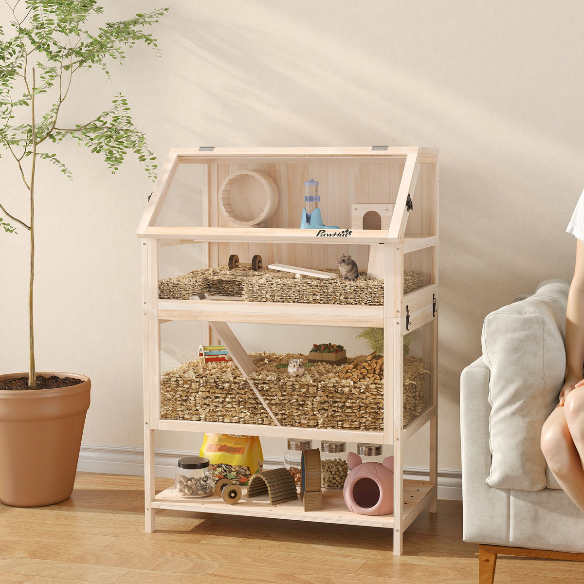 3-Tier Wooden Hamster Cage Rodent Cage with Removable Tray, Shelf, Exercise Wheel, Seesaw, Ramp, and House (2)