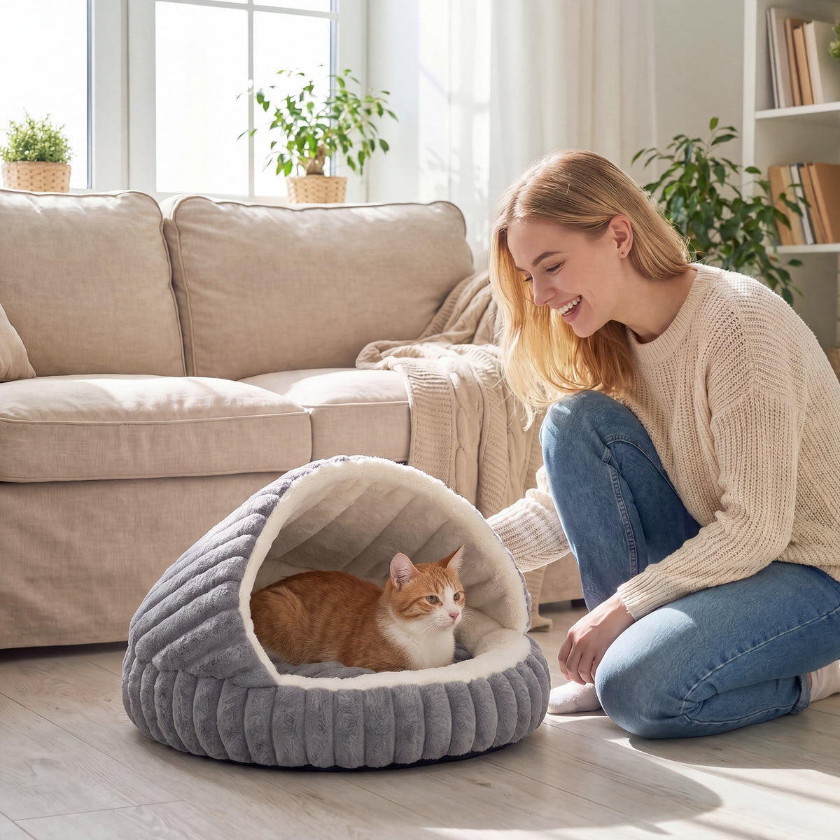Plush Cat Bed Cat Cave with Removable Cushion, Non-Slip Bottom, Washable Cat Basket, for Cats up to 5 kg, Grey (2)
