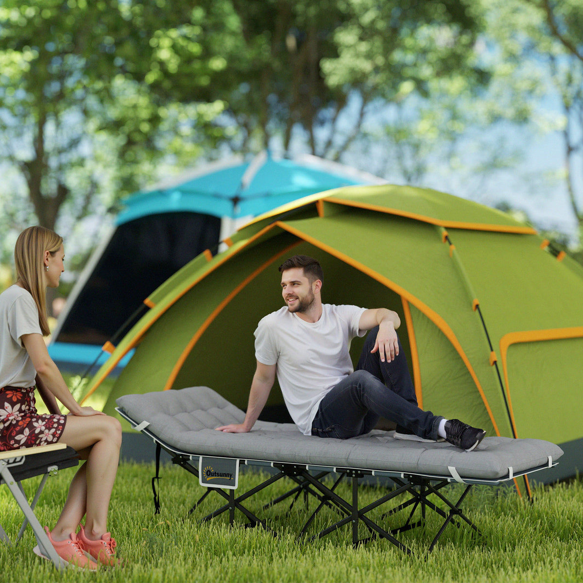 Foldable camping cot with mattress, pillow, and side pocket, 185 x 68 x 37 cm, up to 150 kg, light grey (2)