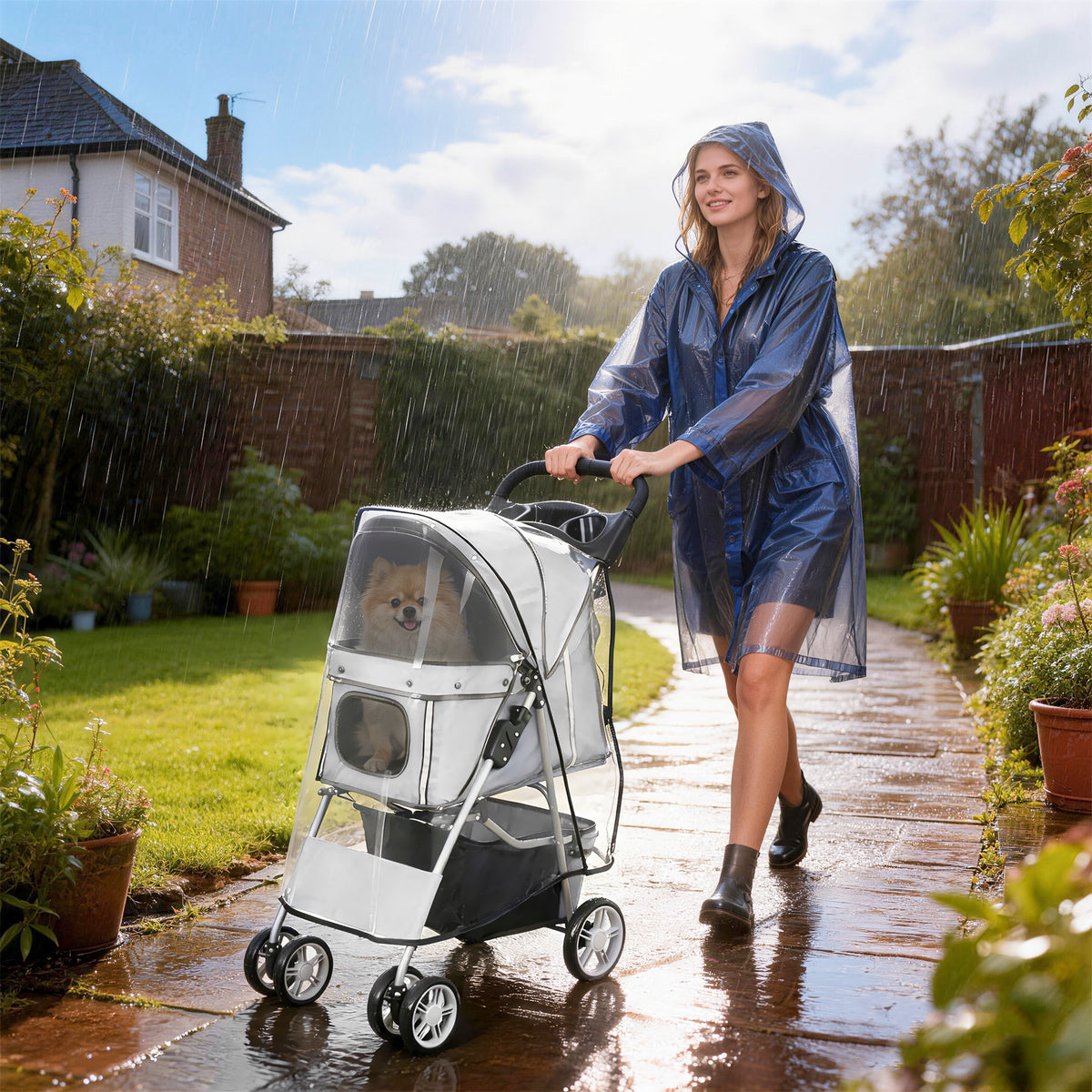 Dog Stroller Foldable Pet Buggy for Cats up to 10kg with Rain Cover, Reflective Strips, Storage Basket (2)