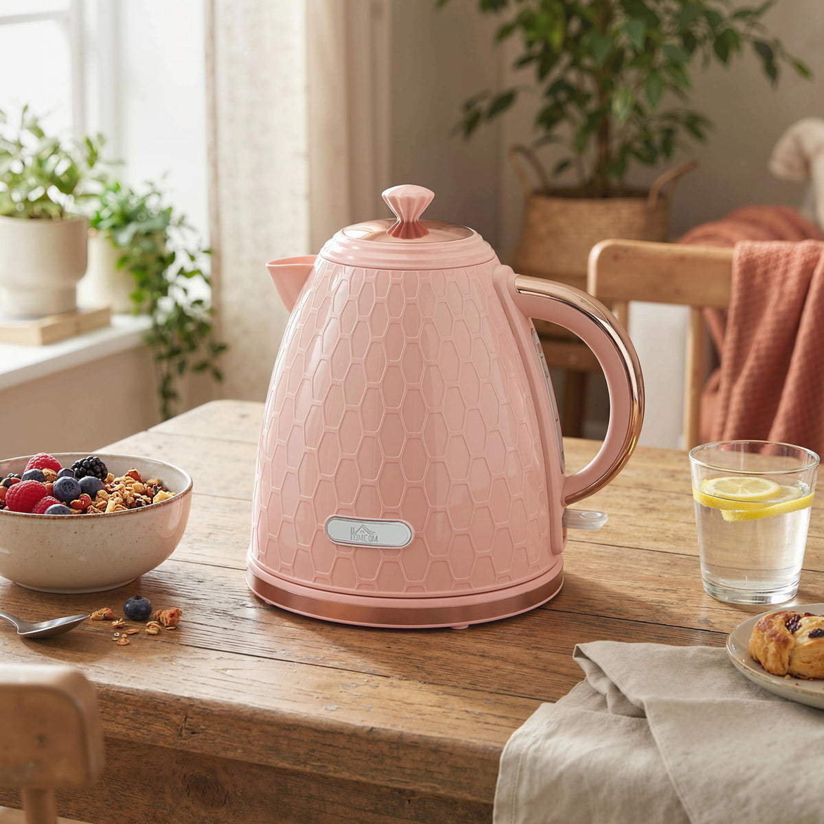 HOMCOM Wasserkocher, 2200W, Sichtfenster, Filter, Schnellkocher, Hellrosa – Produktabbildung 2