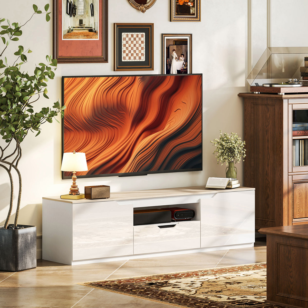 HOMCOM TV-Lowboard, Hochglanz, für Fernseher bis 65'', 3 Fächer, Schublade, 160 x 38 x 43 cm, Naturholz – Produktabbildung 2